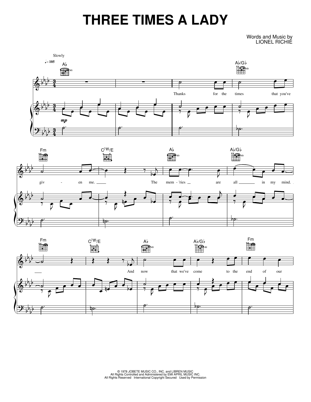 Three Times A Lady: Piano/Vocal/Guitar Sheet
