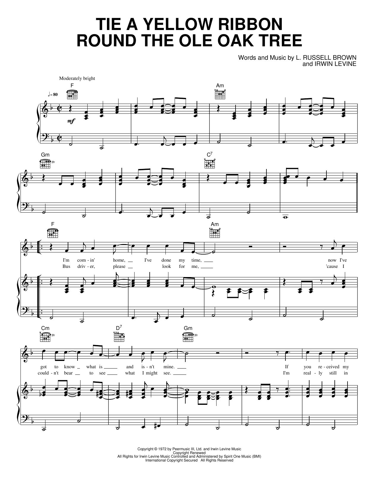 Tie a Yellow Ribbon Round the Ole Oak Tree: Piano/Vocal/Guitar Sheet