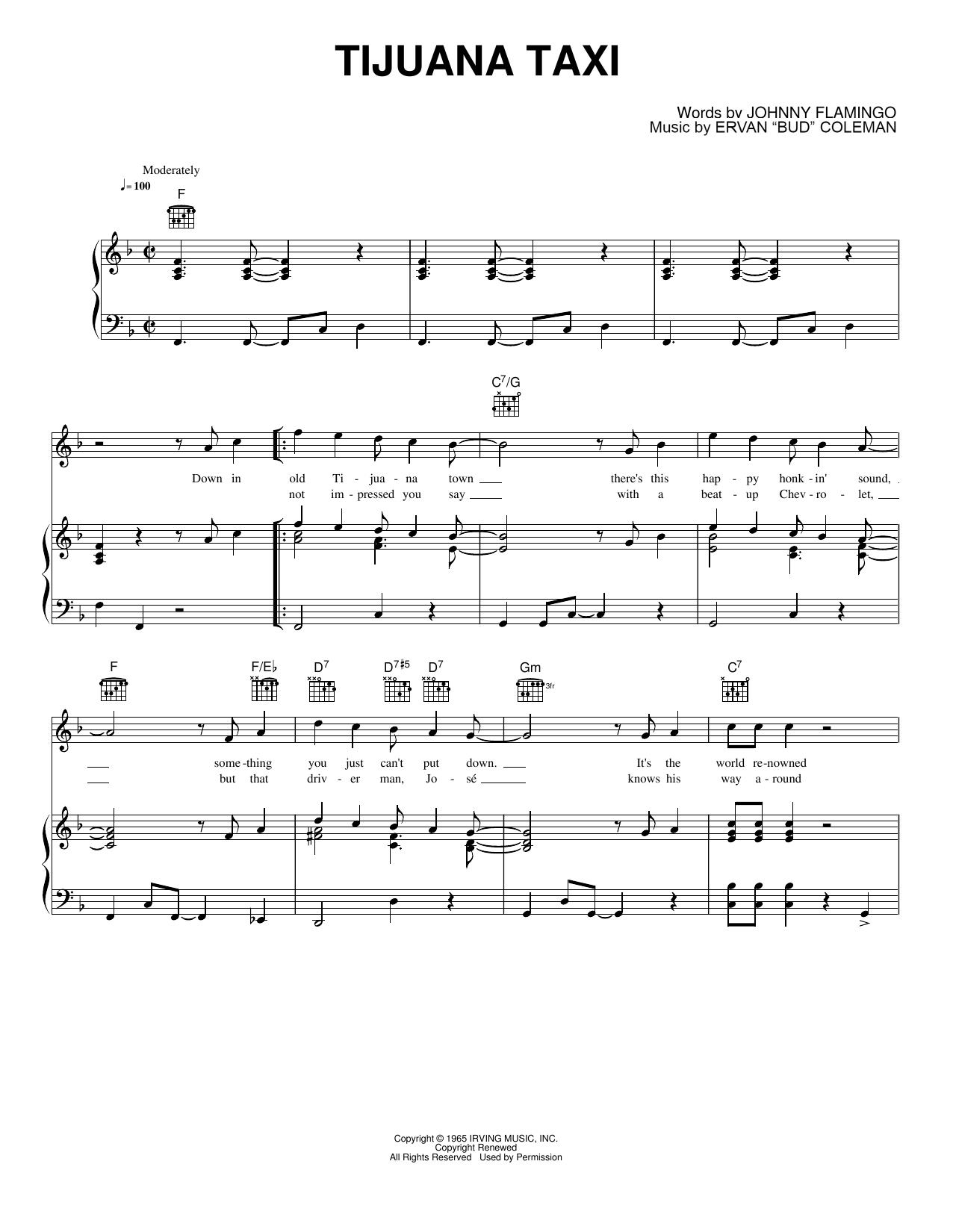 Tijuana Taxi: Piano/Vocal/Guitar Sheet