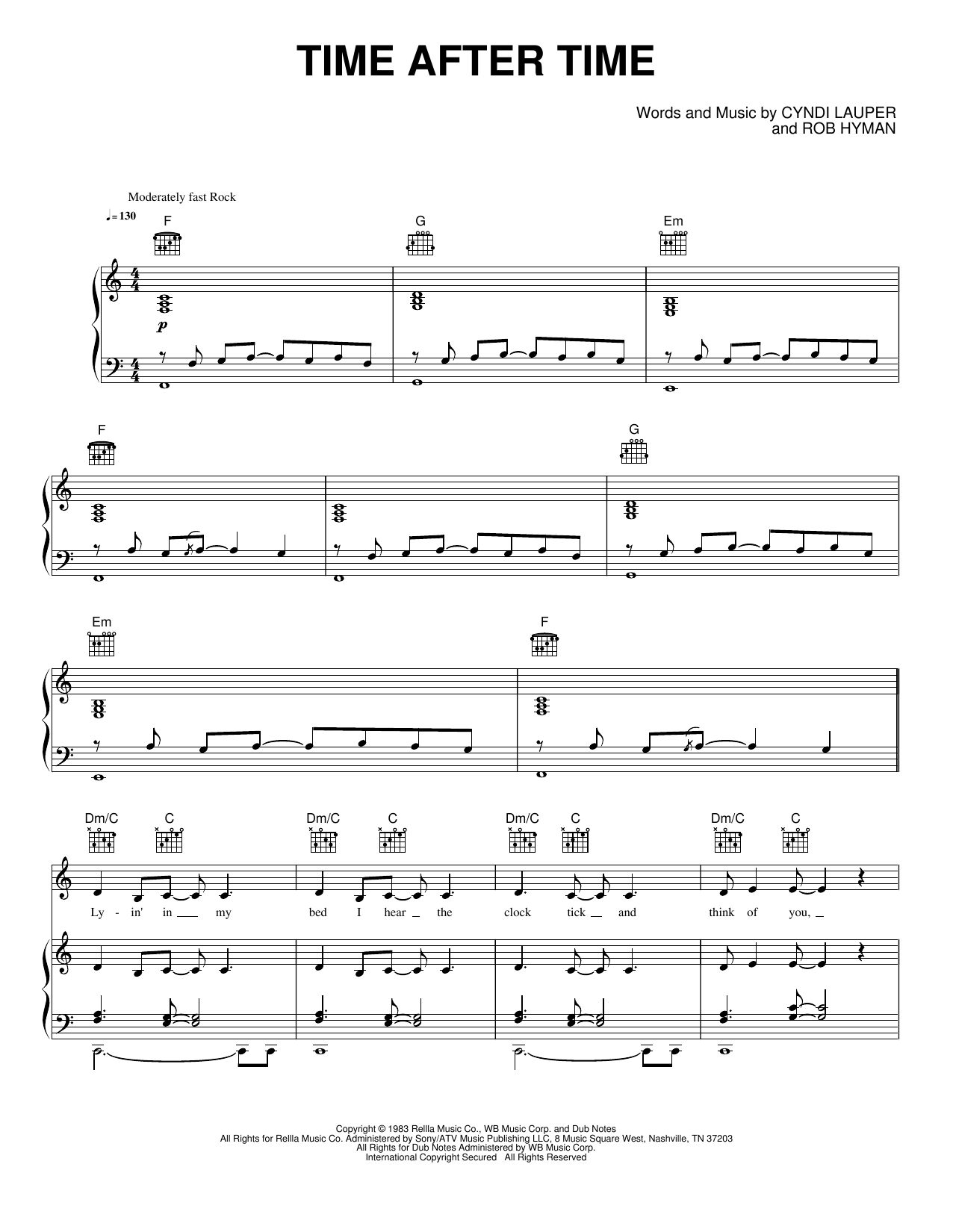 Time After Time: Piano/Vocal/Guitar Sheet