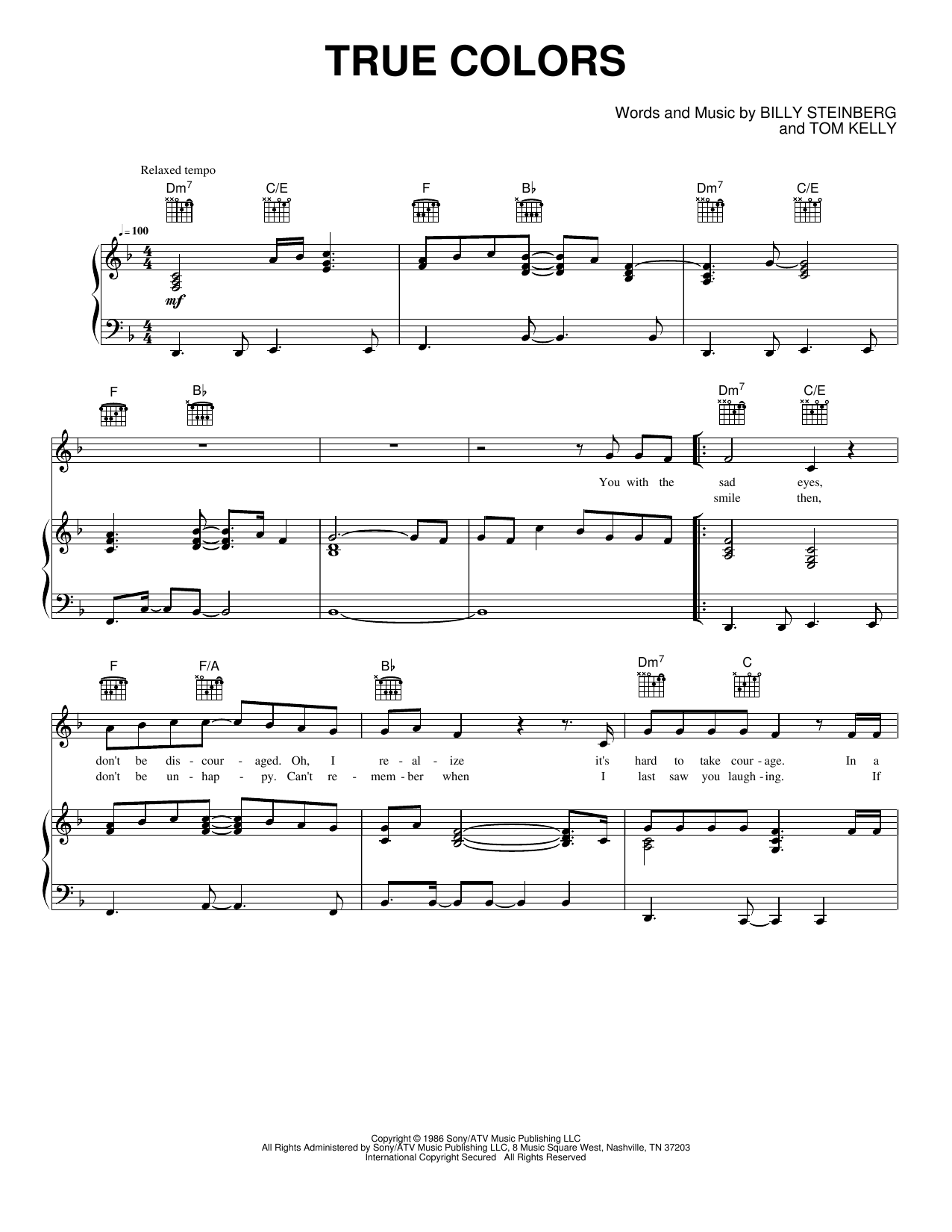 True Colors: Piano/Vocal/Guitar Sheet