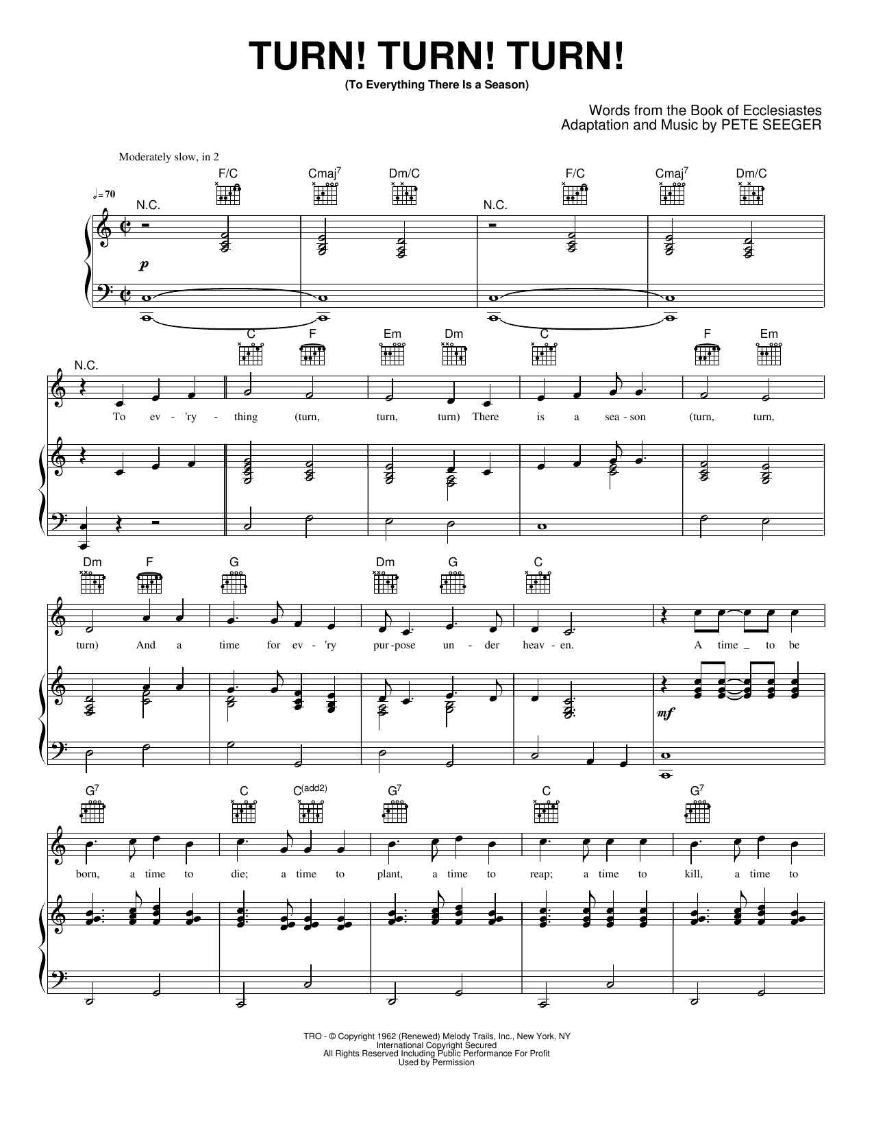 Turn! Turn! Turn! (To Everything There Is a Season): Piano/Vocal/Guitar Sheet