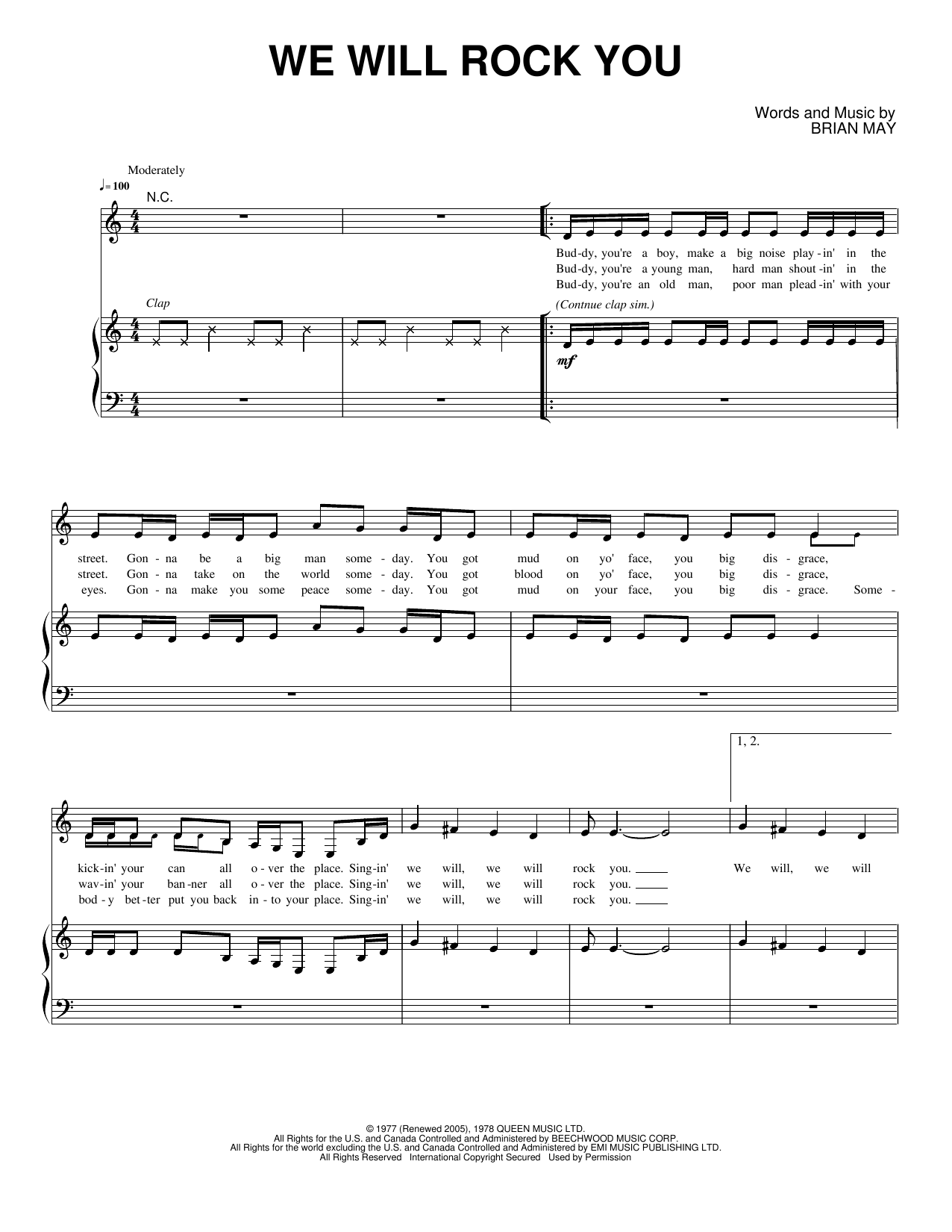 We Will Rock You: Piano/Vocal/Guitar Sheet