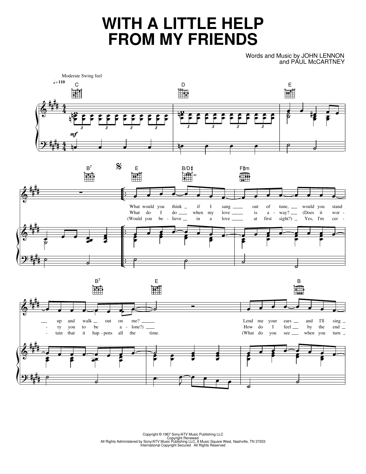 With A Little Help From My Friends: Piano/Vocal/Guitar Sheet