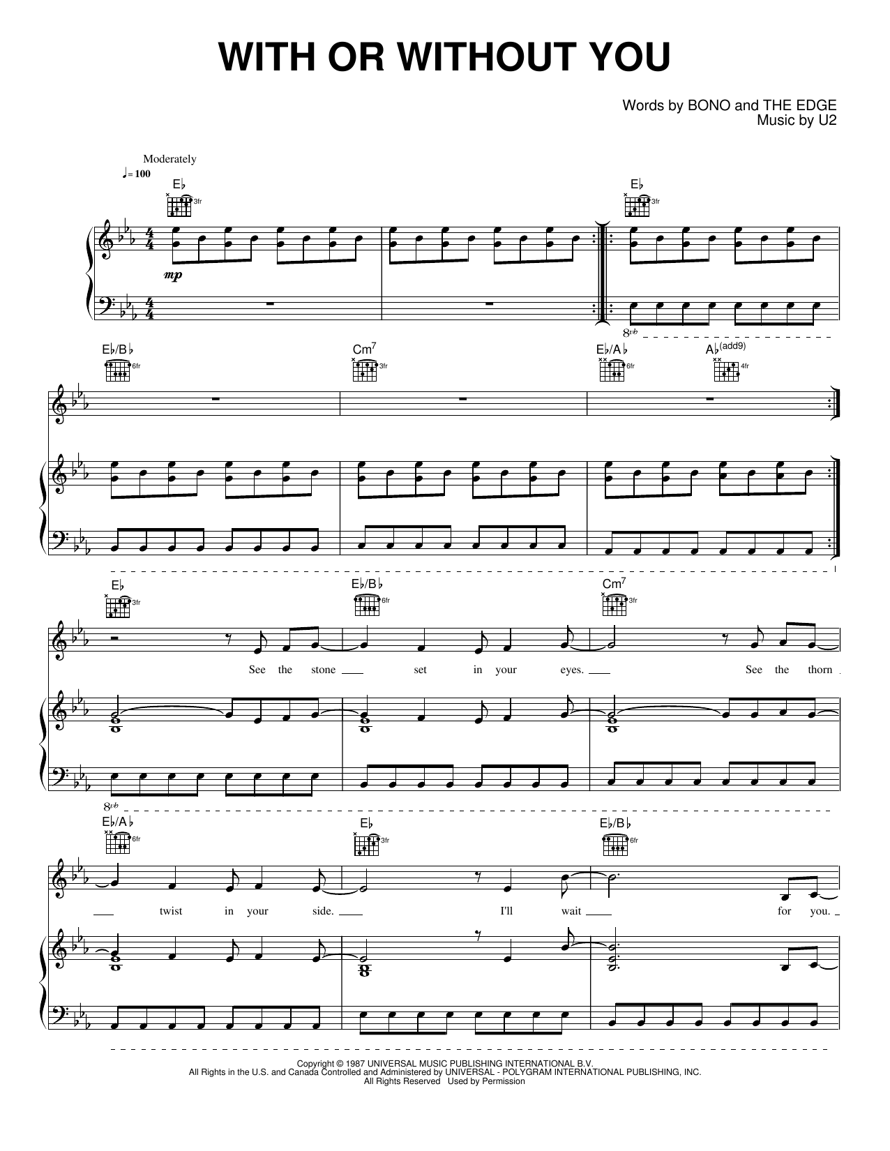 With Or Without You: Piano/Vocal/Guitar Sheet