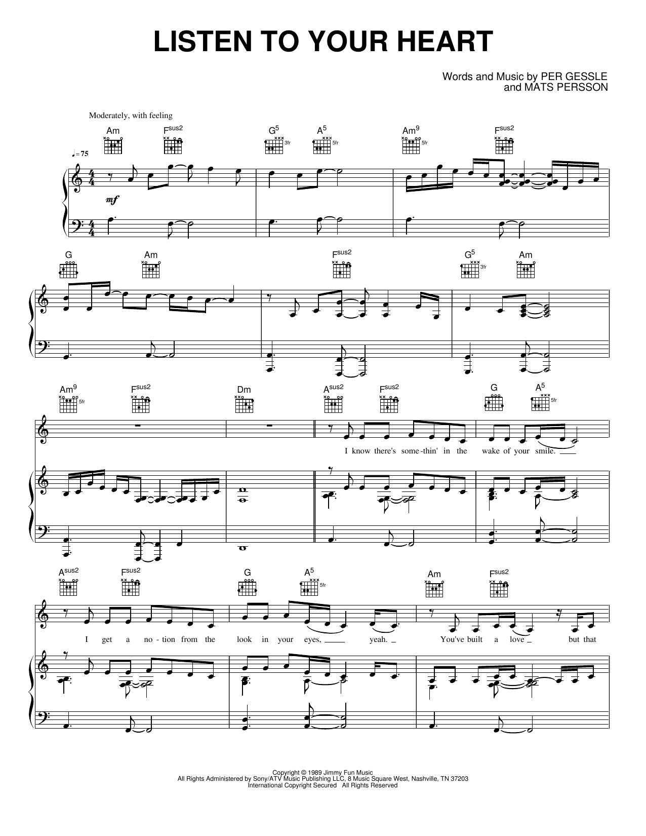 Listen to Your Heart: Piano/Vocal/Guitar Sheet