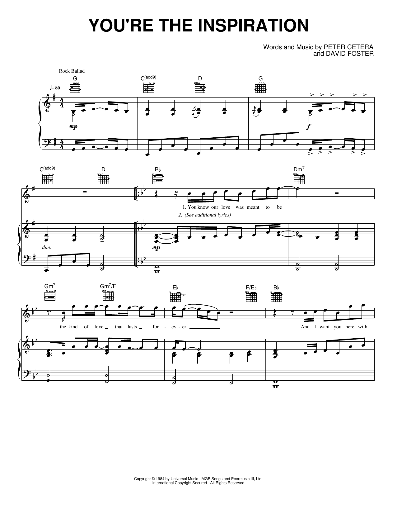 You're the Inspiration: Piano/Vocal/Guitar Sheet
