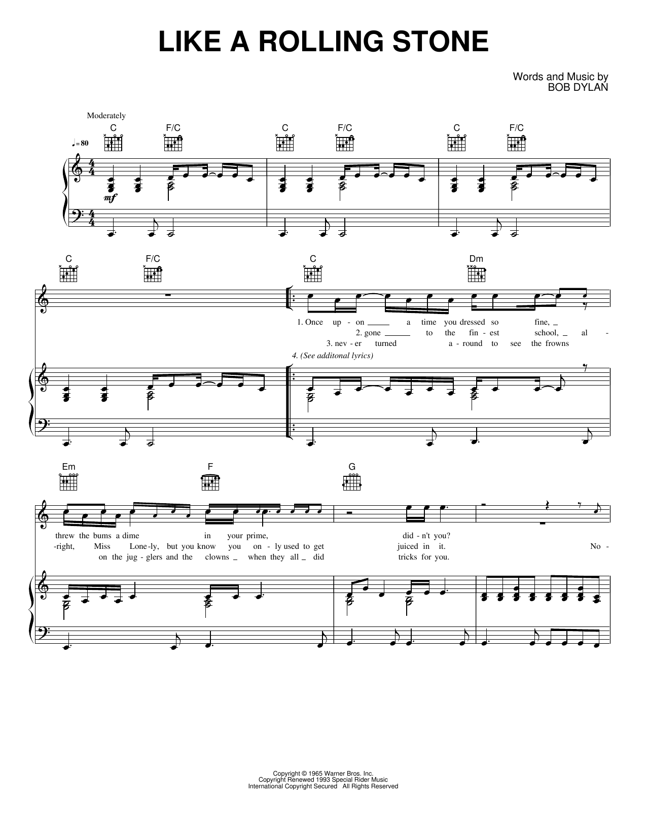 Like A Rolling Stone: Piano/Vocal/Guitar Sheet