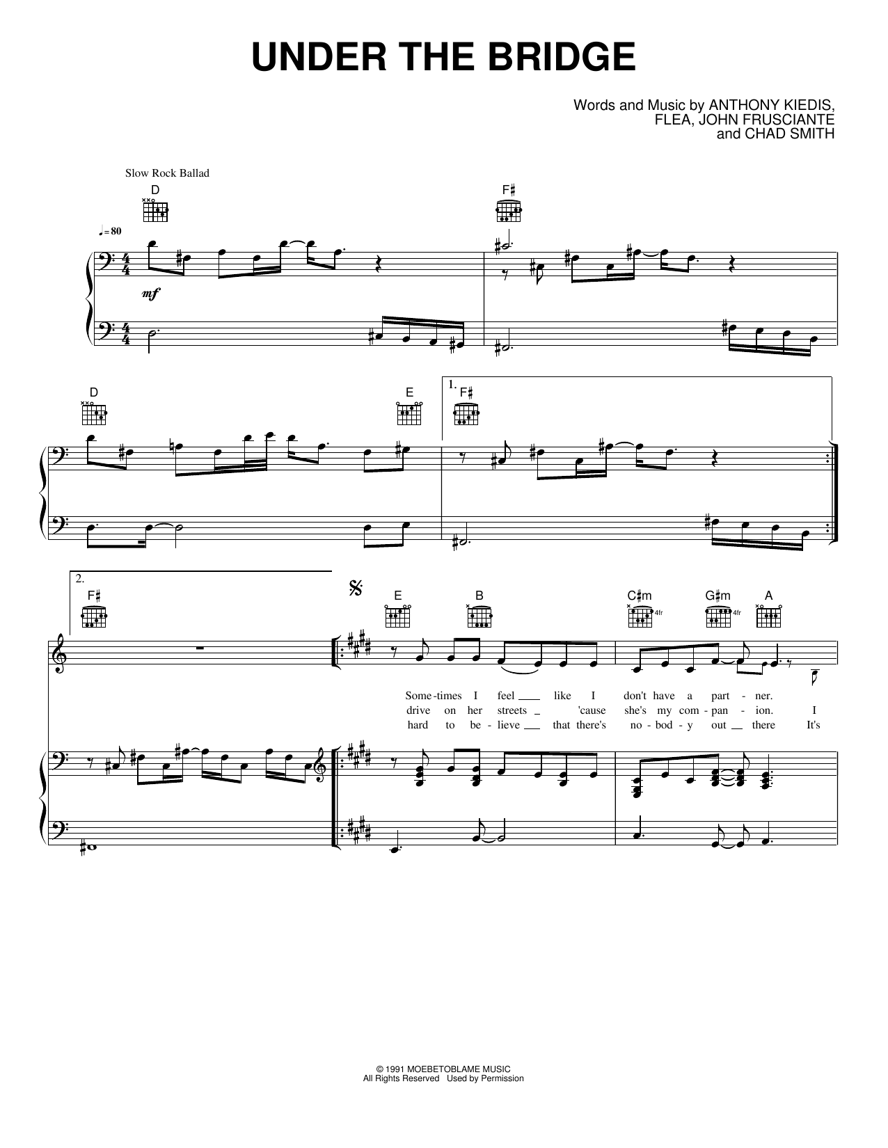 Under The Bridge: Piano/Vocal/Guitar Sheet