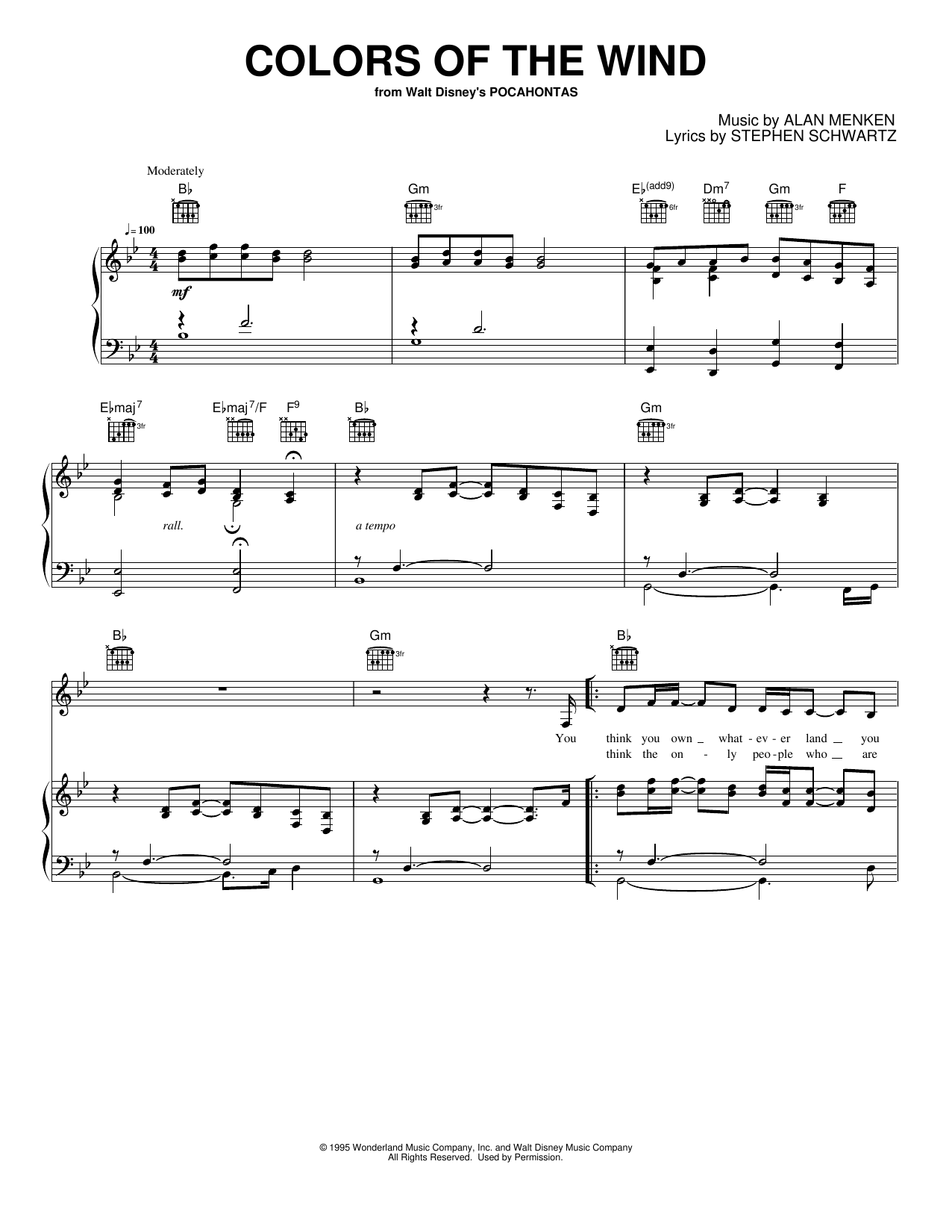 Colors of the Wind: Piano/Vocal/Guitar Sheet