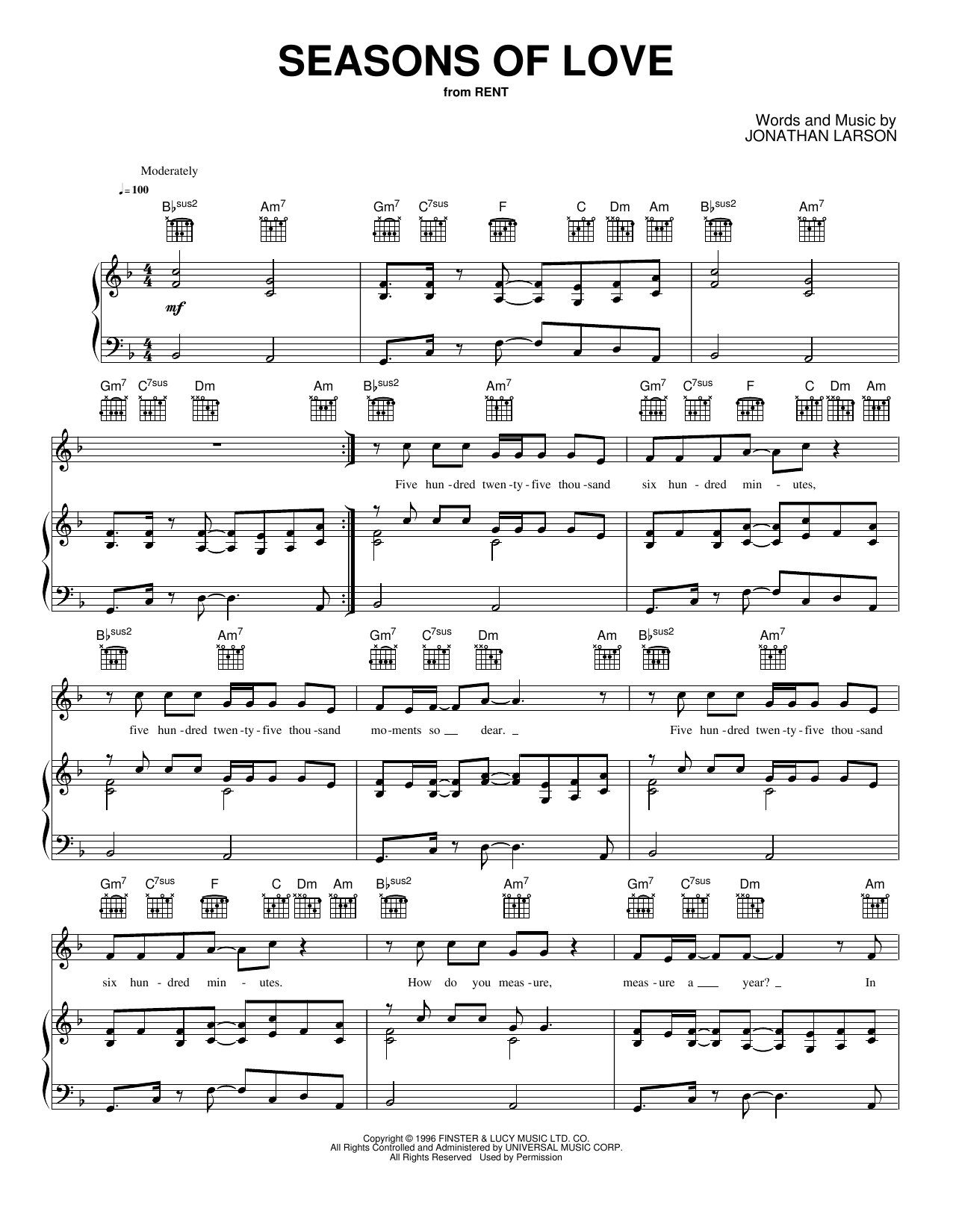 Seasons of Love: Piano/Vocal/Guitar Sheet