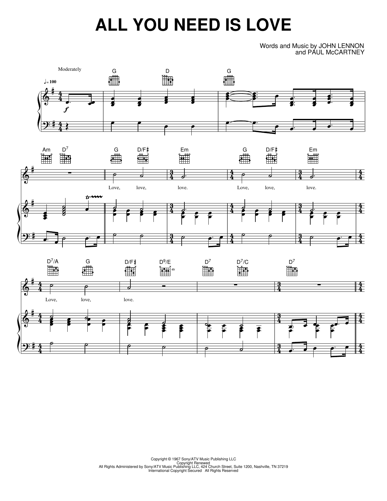 All You Need Is Love: Piano/Vocal/Guitar Sheet