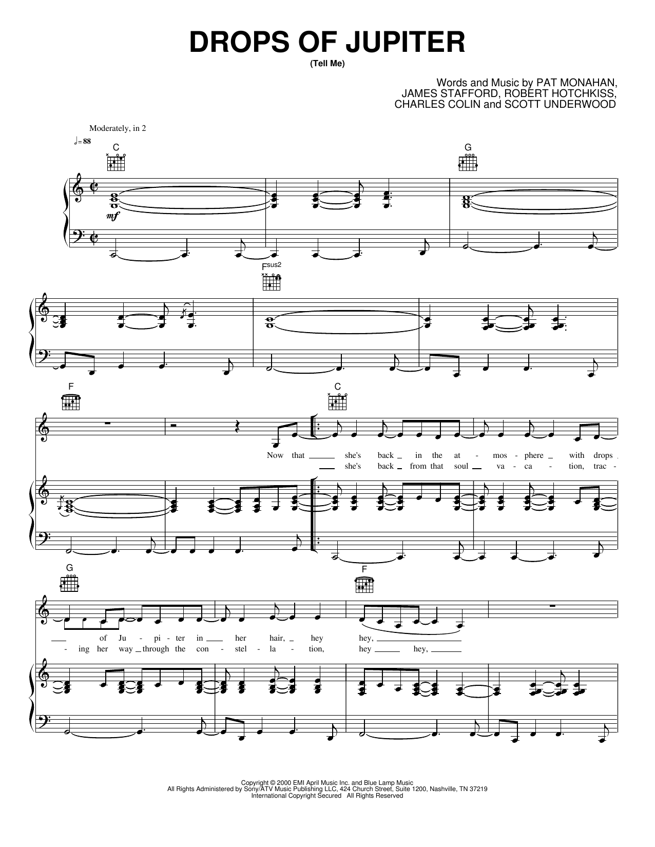 Drops Of Jupiter (tell Me): Piano/Vocal/Guitar Sheet