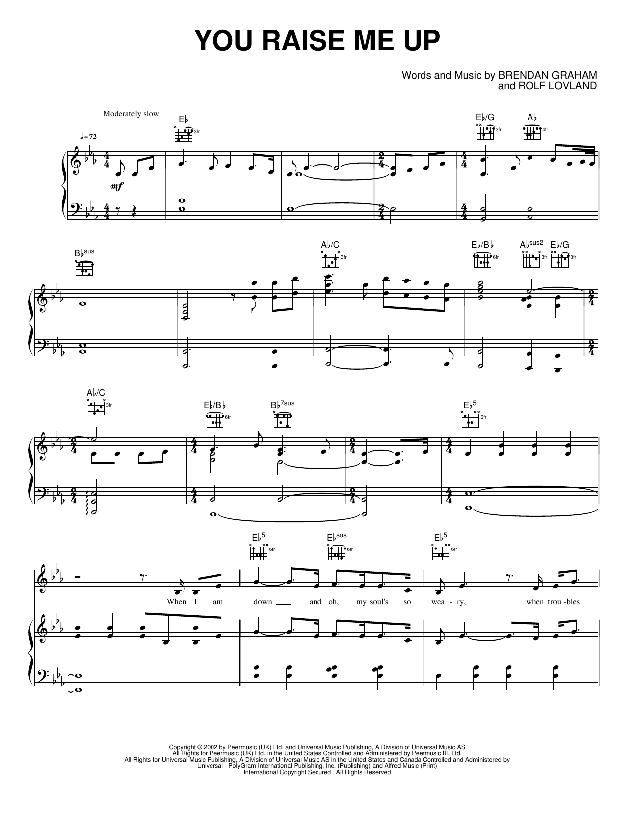 You Raise Me Up: Piano/Vocal/Guitar Sheet