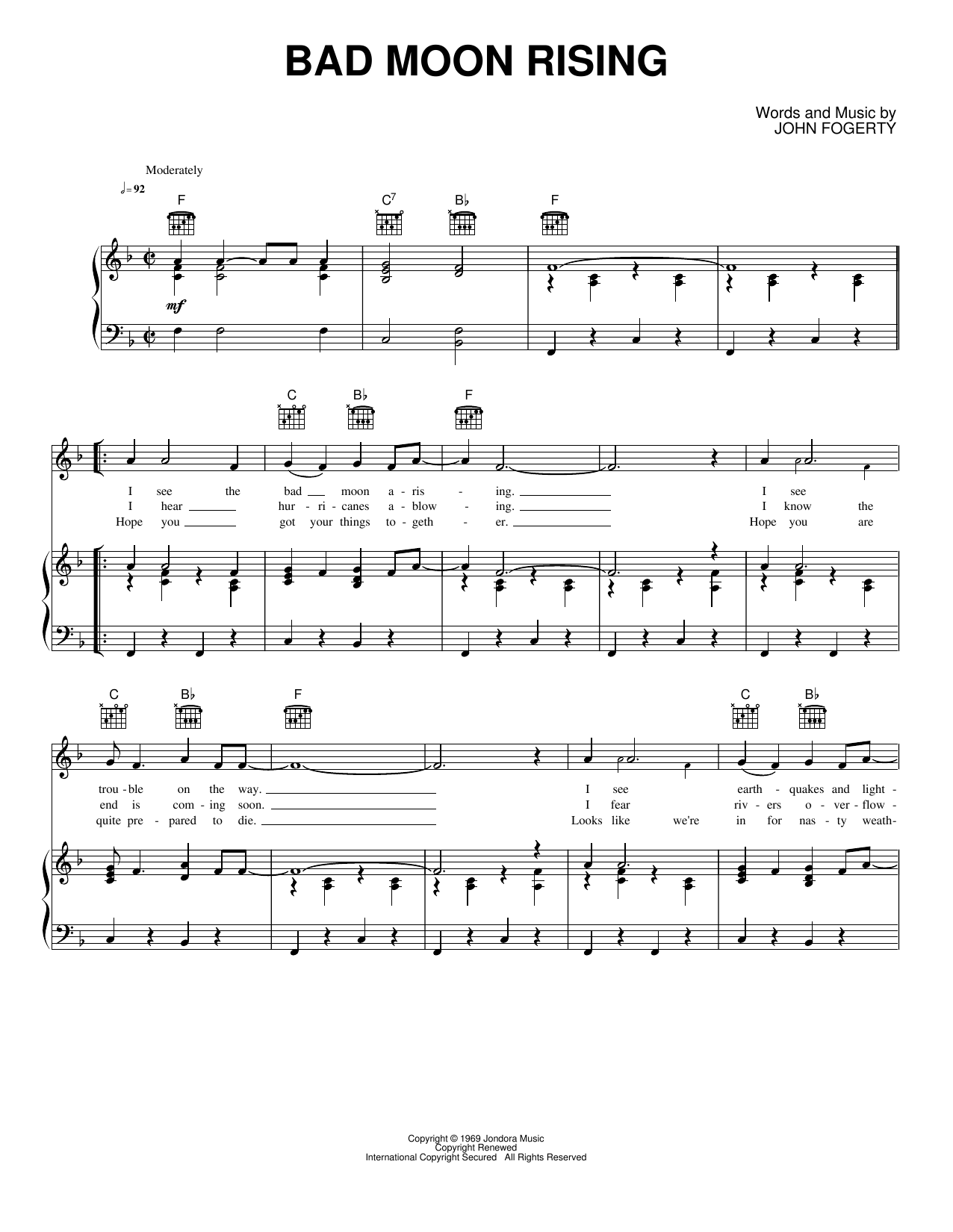 Bad Moon Rising: Piano/Vocal/Guitar Sheet