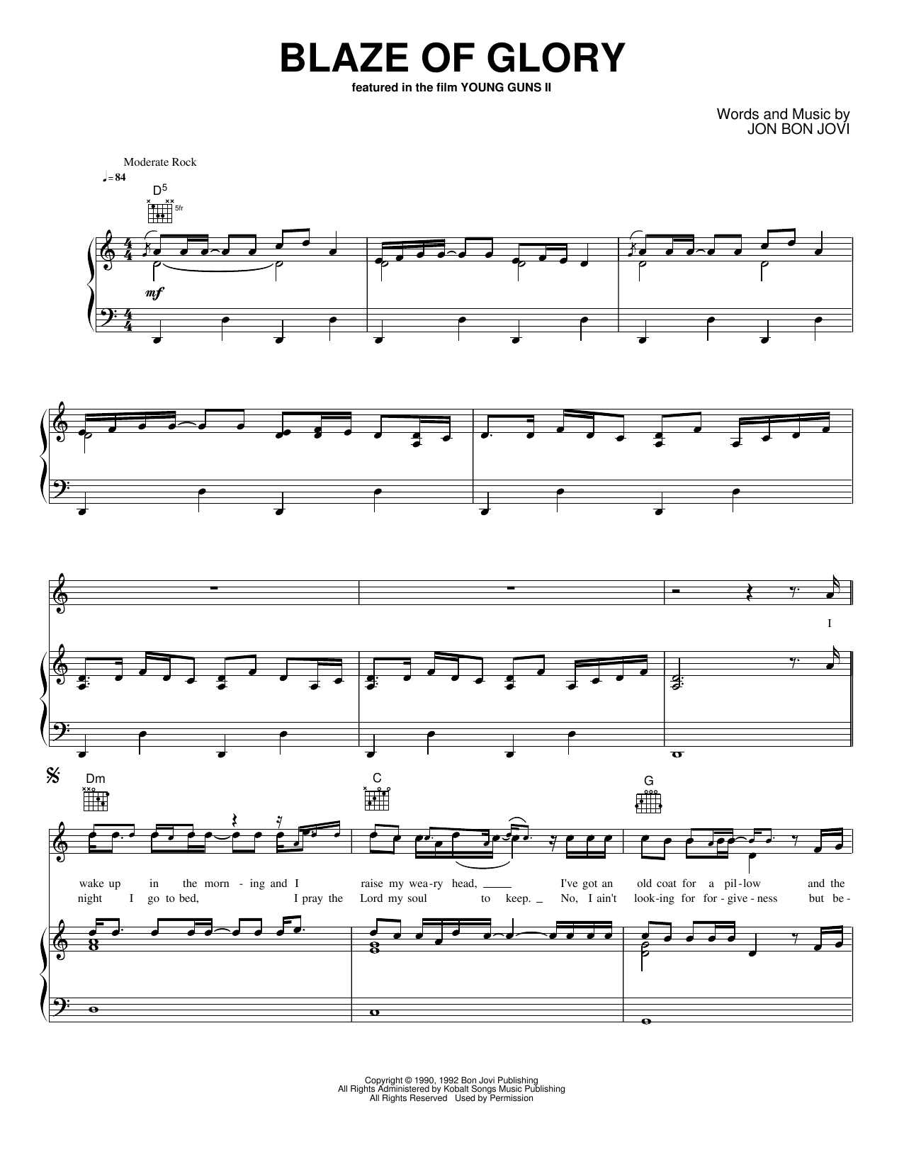 Blaze Of Glory: Piano/Vocal/Guitar Sheet