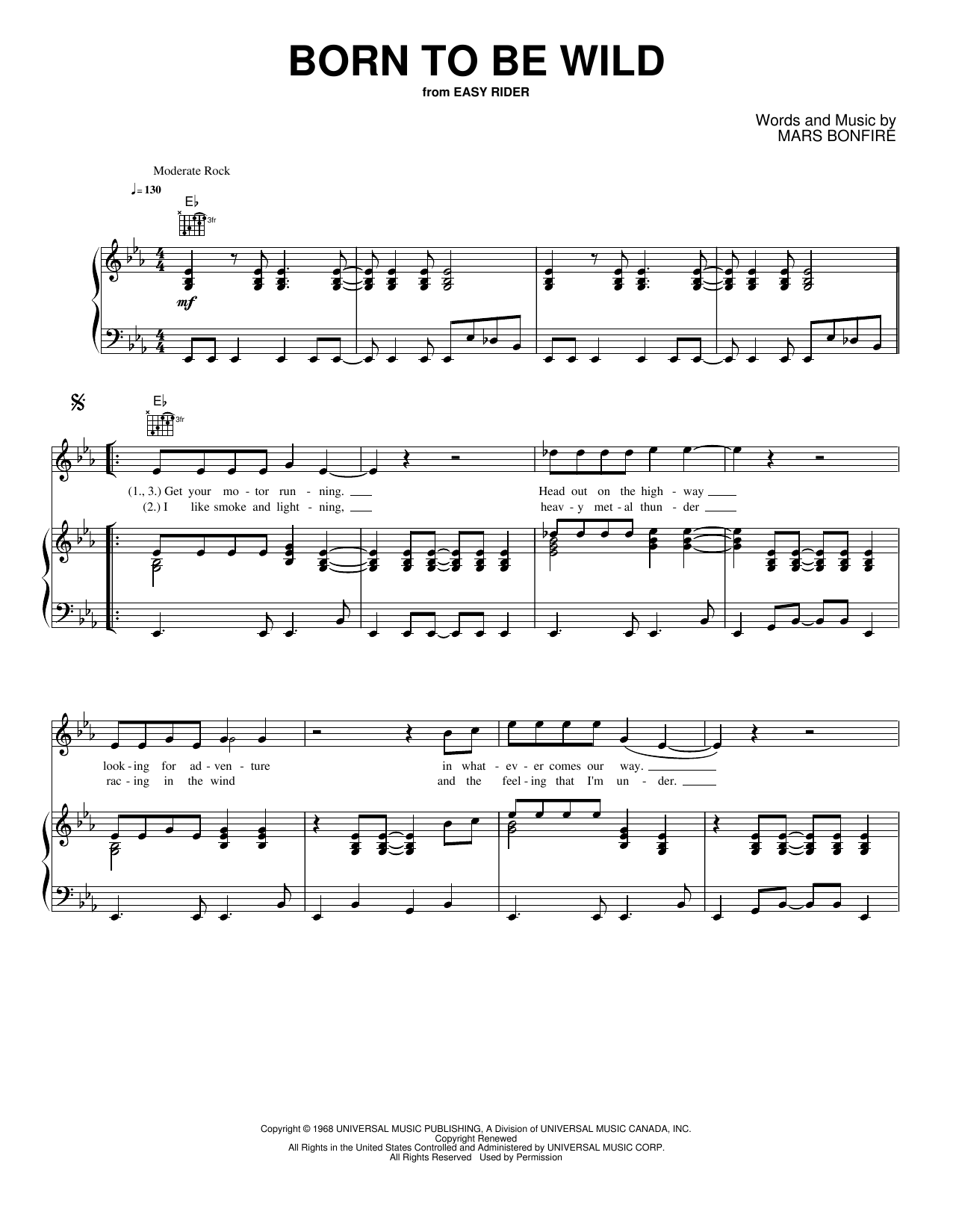 Born to Be Wild: Piano/Vocal/Guitar Sheet