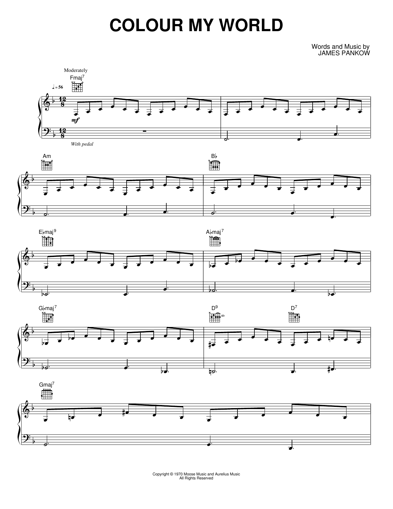 Colour My World: Piano/Vocal/Guitar Sheet