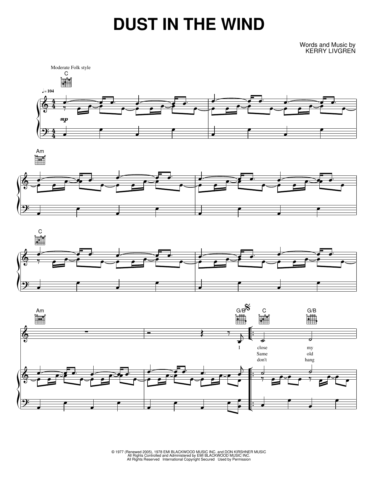 Dust In The Wind: Piano/Vocal/Guitar Sheet
