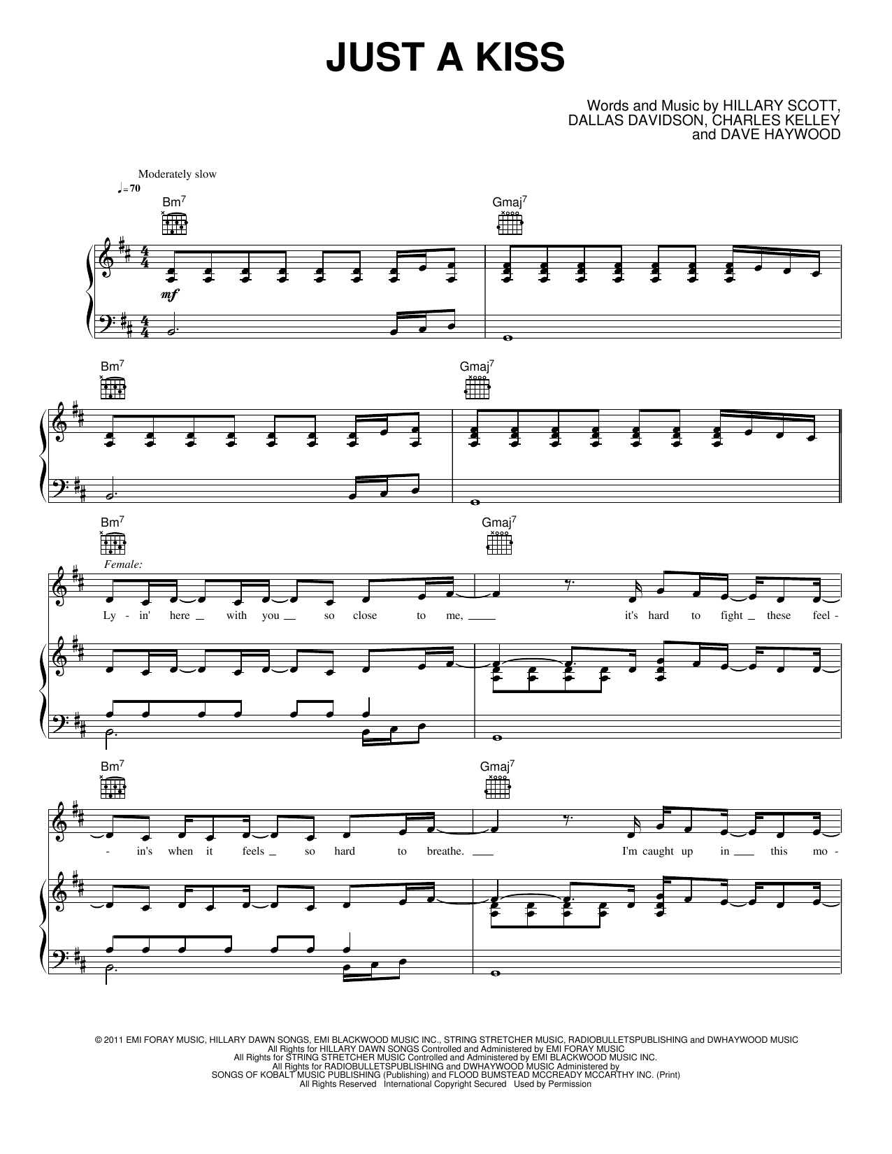 Just a Kiss Sheet Music Lady Antebellum Piano, Vocal & Guitar Chords (RightHand Melody)
