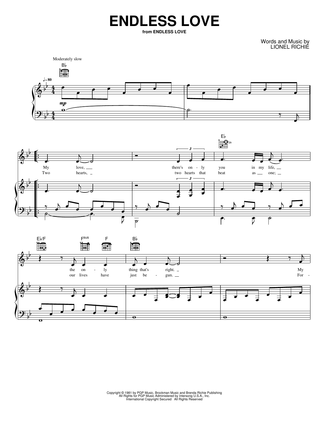 Endless Love: Piano/Vocal/Guitar Sheet
