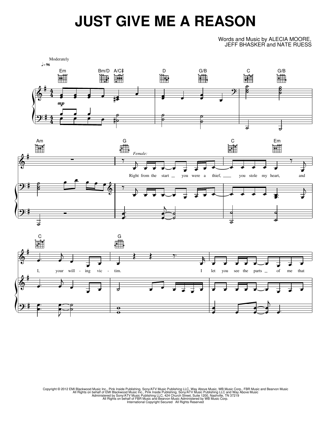 Just Give Me A Reason (feat. Nate Ruess): Piano/Vocal/Guitar Sheet