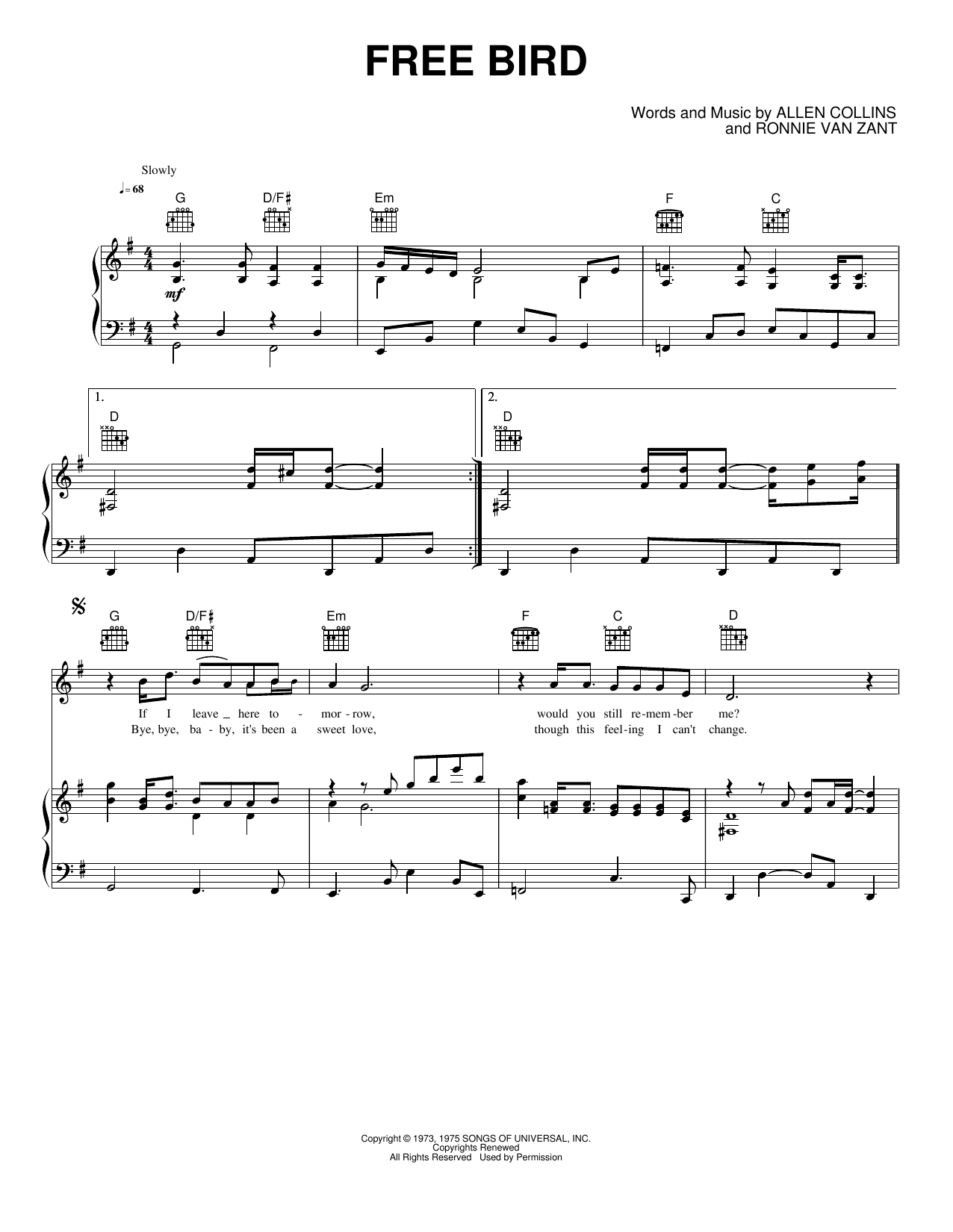 Free Bird: Piano/Vocal/Guitar Sheet