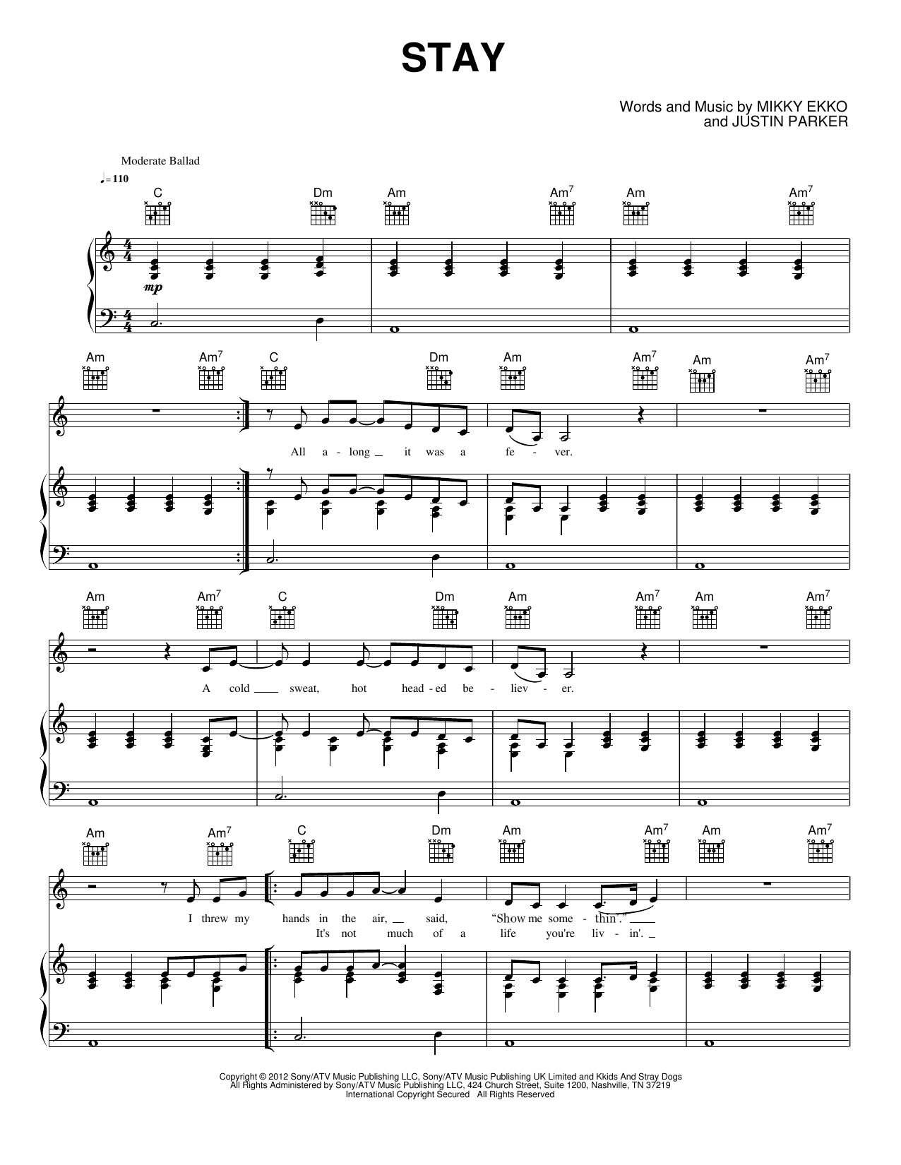 Stay with Me: Piano/Vocal/Guitar Sheet