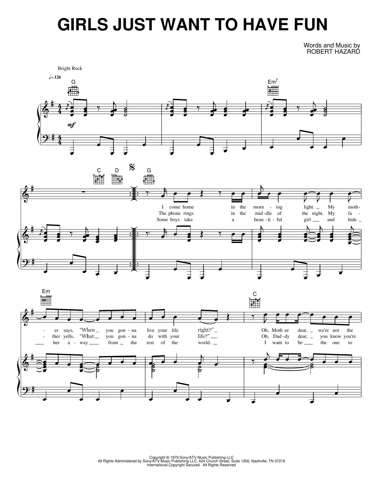 Girls Just Want to Have Fun: Piano/Vocal/Guitar Sheet
