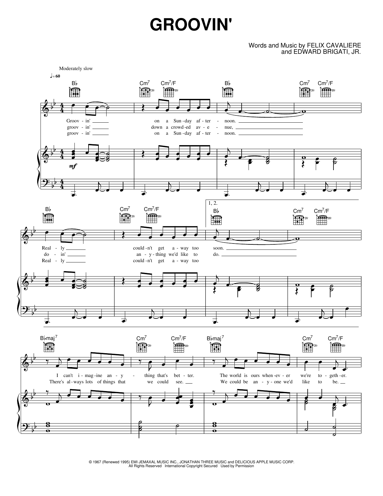 Groovin' Sheet Music Young Rascals Piano, Vocal & Guitar Chords