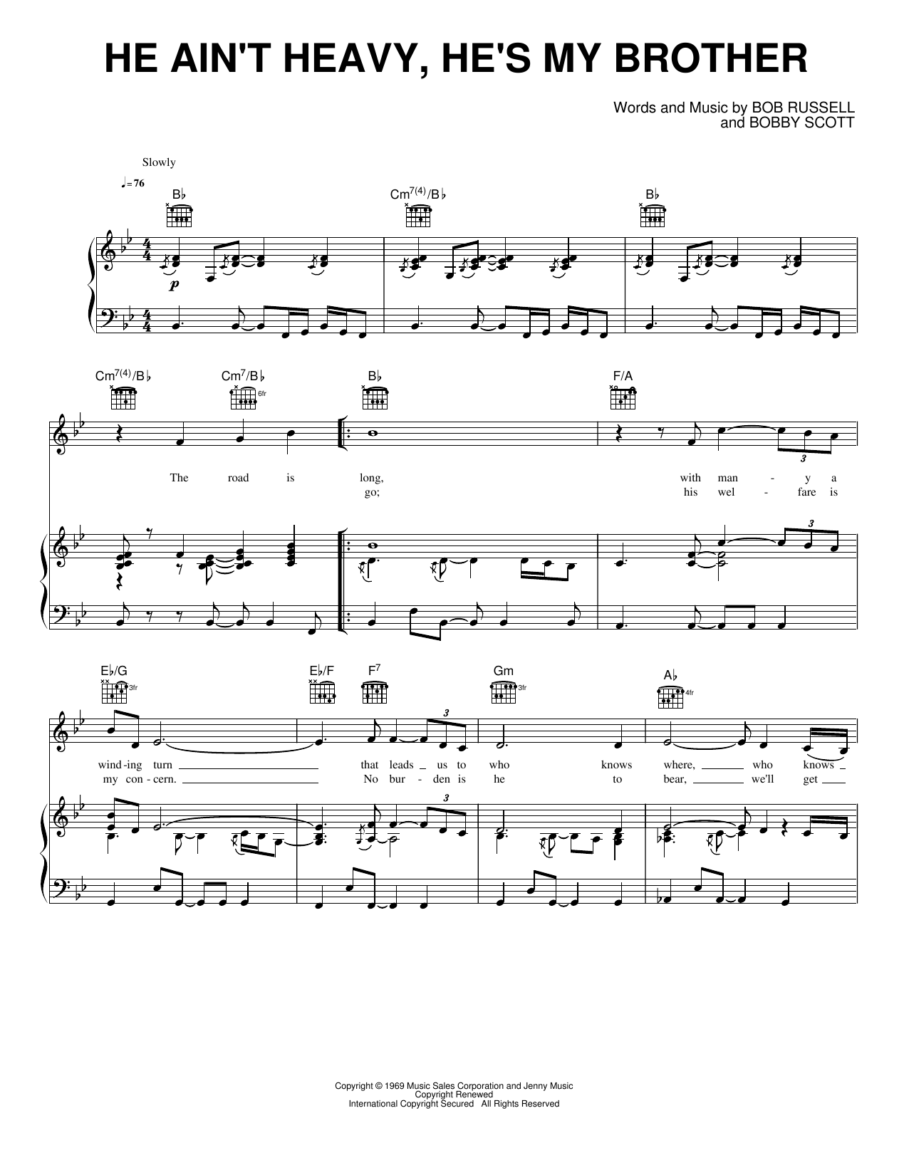 He Ain't Heavy, He's My Brother: Piano/Vocal/Guitar Sheet
