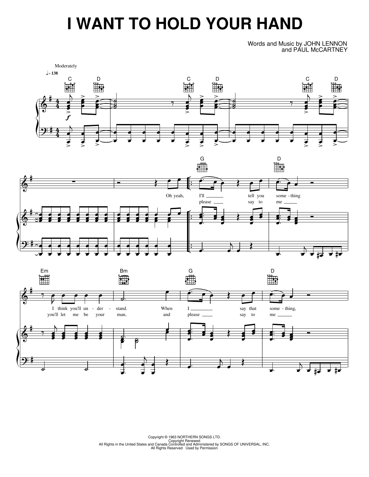 I Want to Hold Your Hand: Piano/Vocal/Guitar Sheet