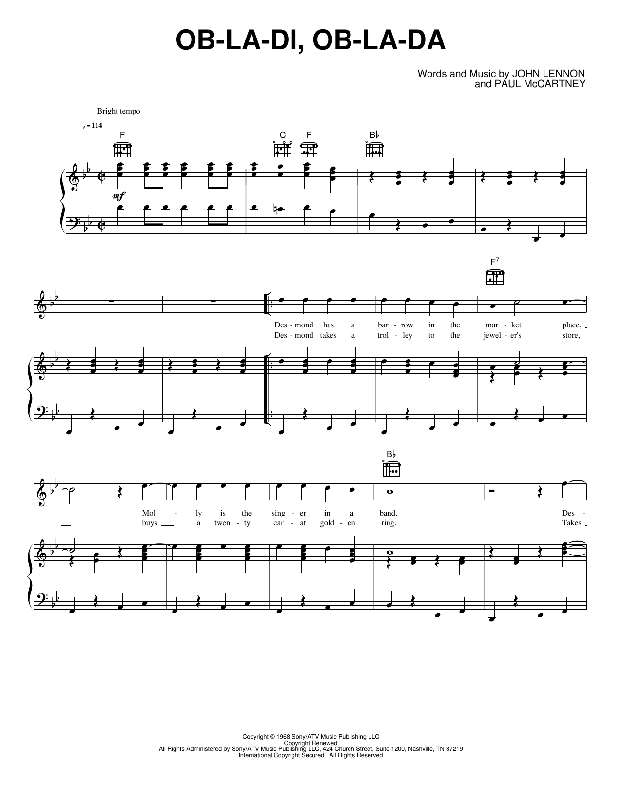 Ob-La-Di, Ob-La-Da: Piano/Vocal/Guitar Sheet