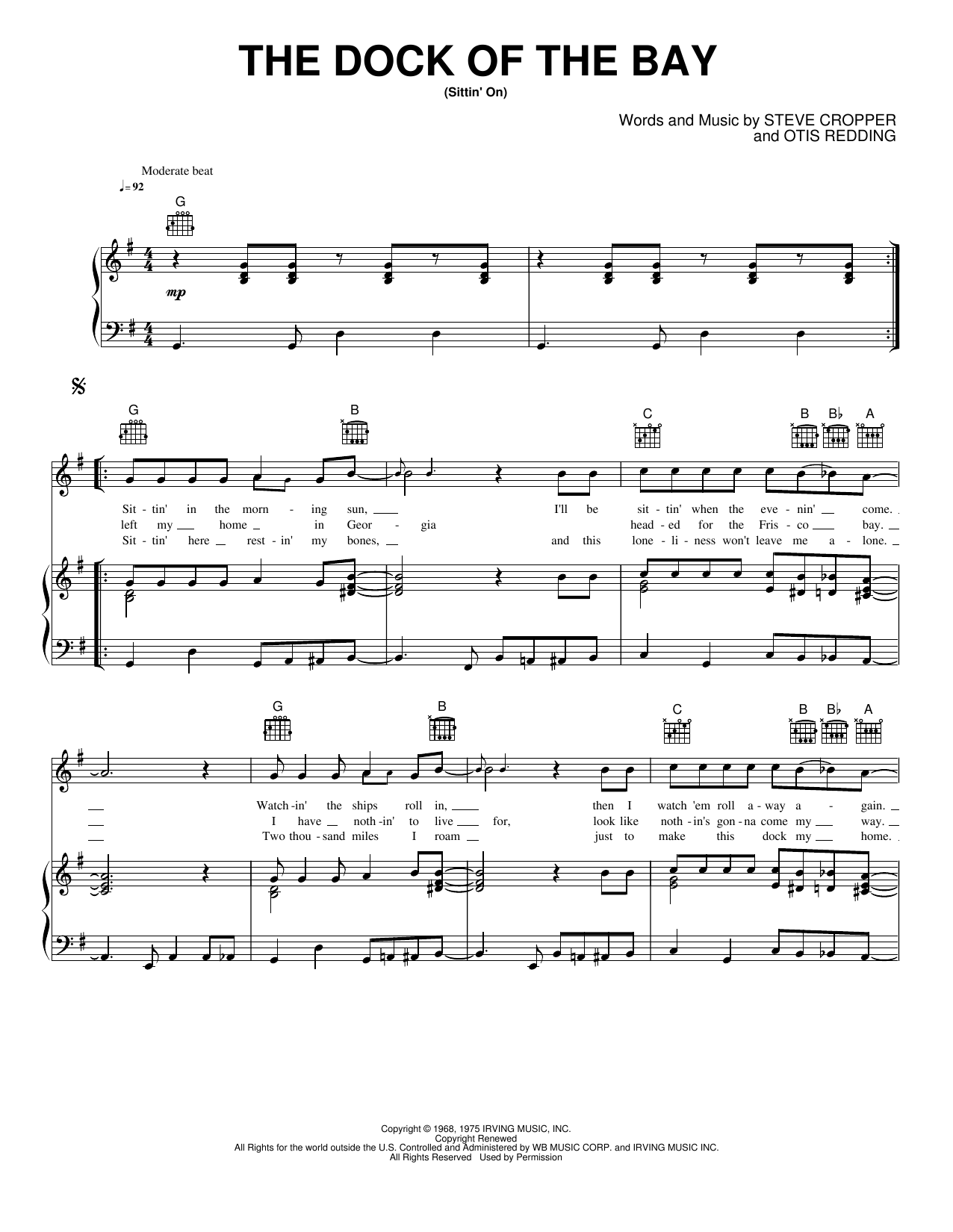 (Sittin' On) The Dock of the Bay: Piano/Vocal/Guitar Sheet