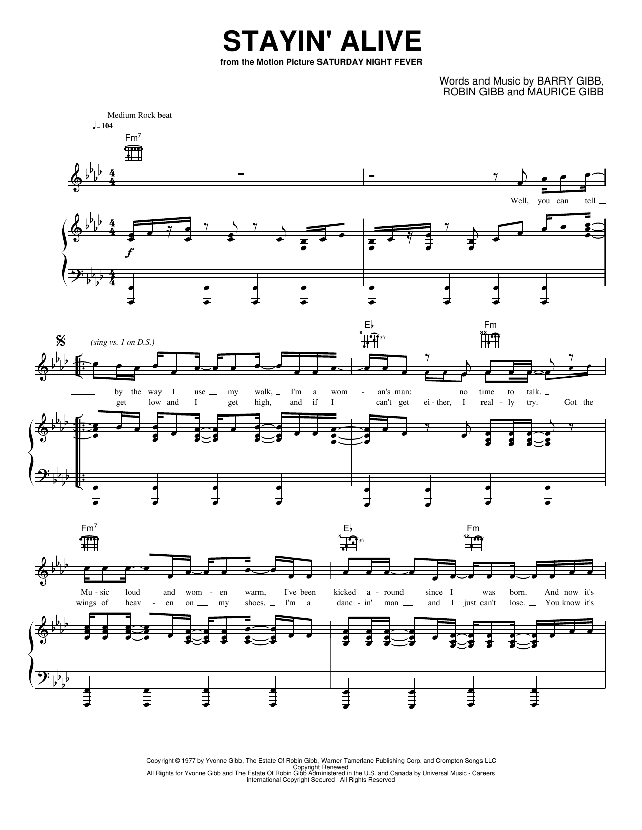 Stayin' Alive: Piano/Vocal/Guitar Sheet