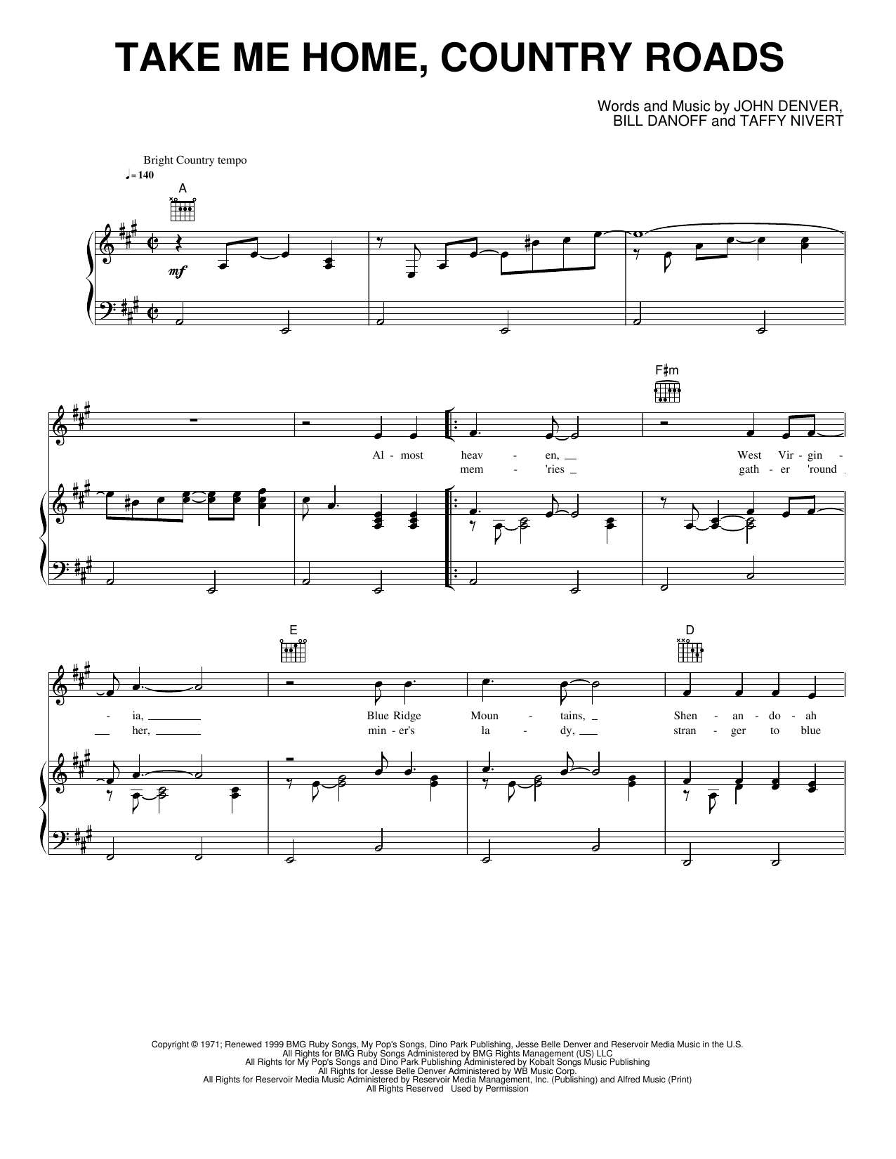 Take Me Home, Country Roads: Piano/Vocal/Guitar Sheet