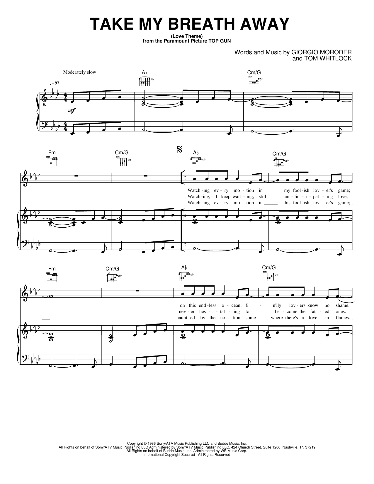 Take My Breath Away: Piano/Vocal/Guitar Sheet