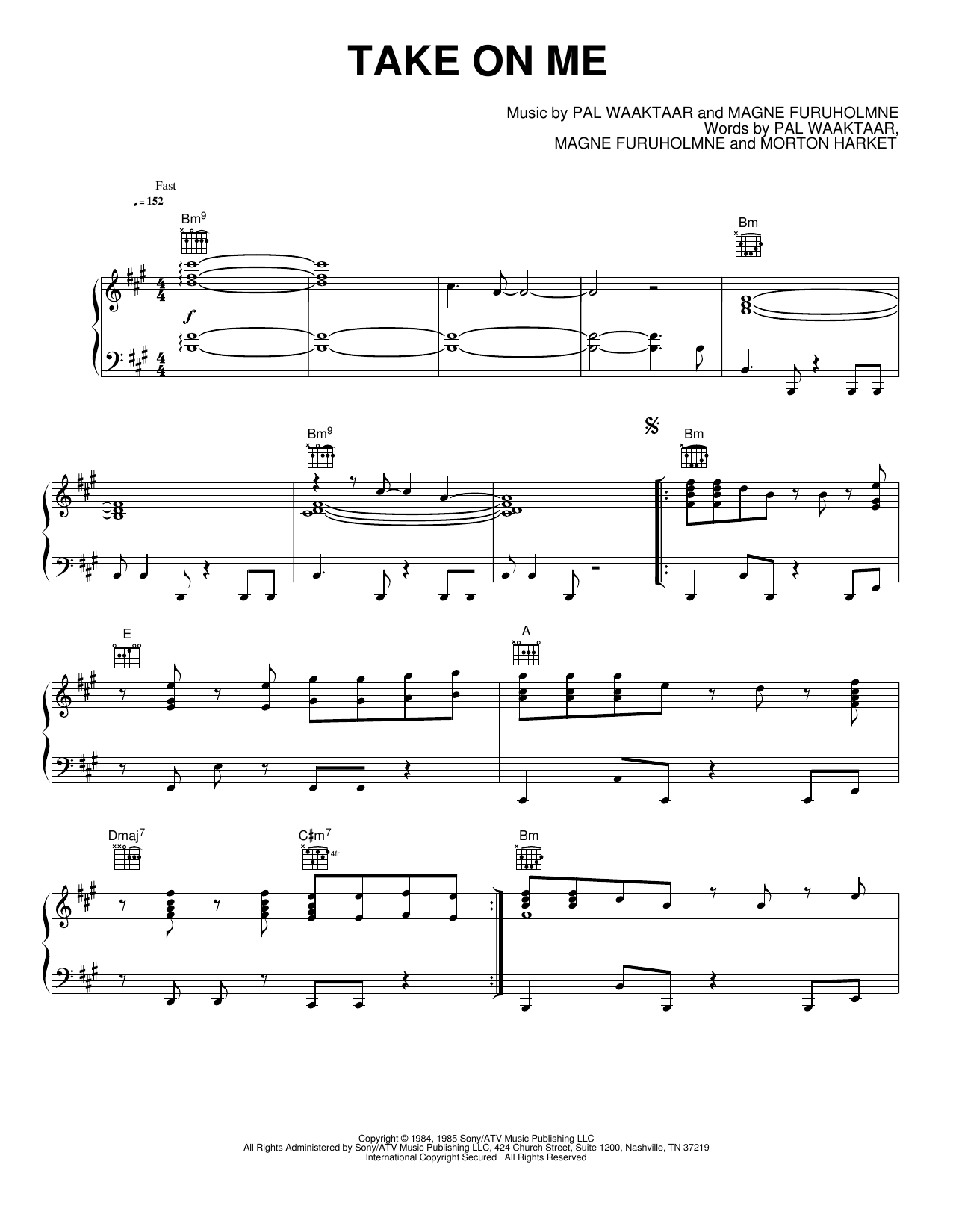 Take on Me: Piano/Vocal/Guitar Sheet