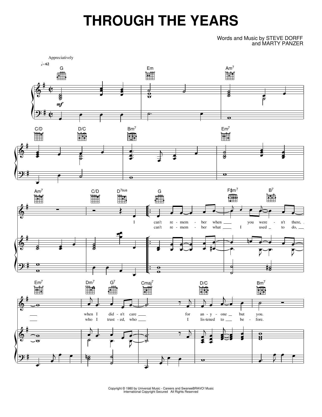 Through The Years: Piano/Vocal/Guitar Sheet
