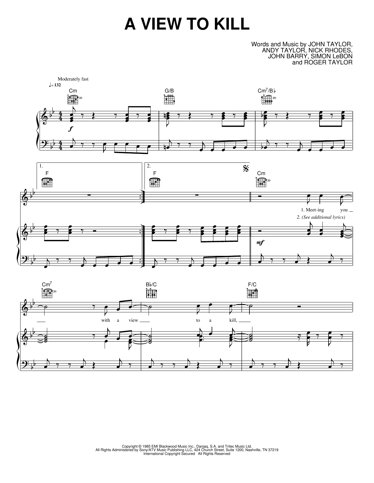 A View To A Kill: Piano/Vocal/Guitar Sheet