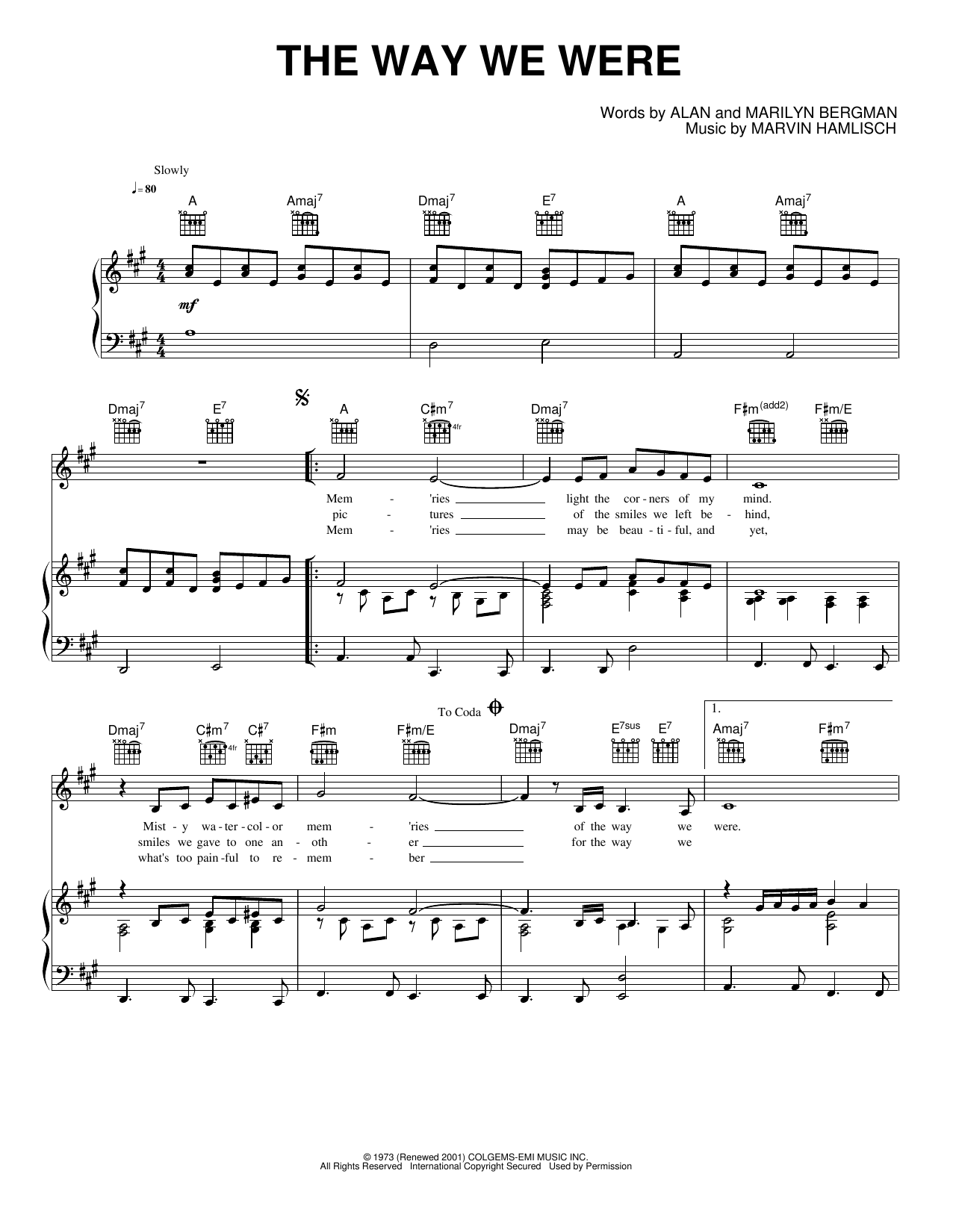The Way We Were: Piano/Vocal/Guitar Sheet