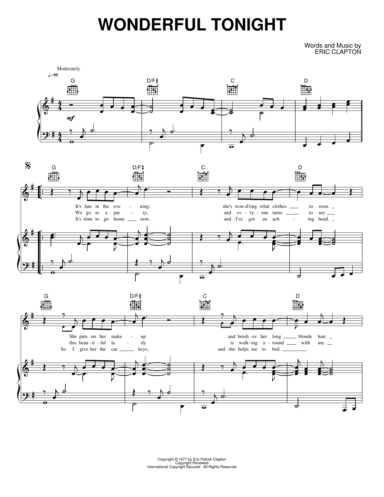Wonderful Tonight: Piano/Vocal/Guitar Sheet