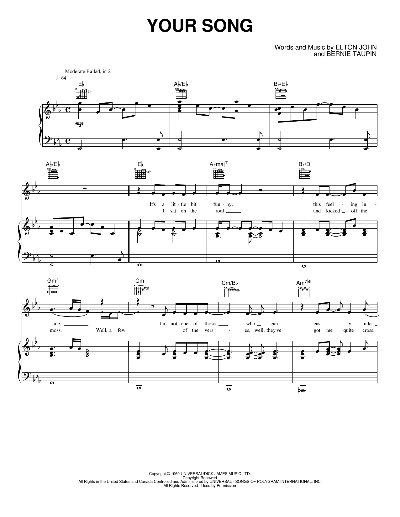 Your Song: Piano/Vocal/Guitar Sheet