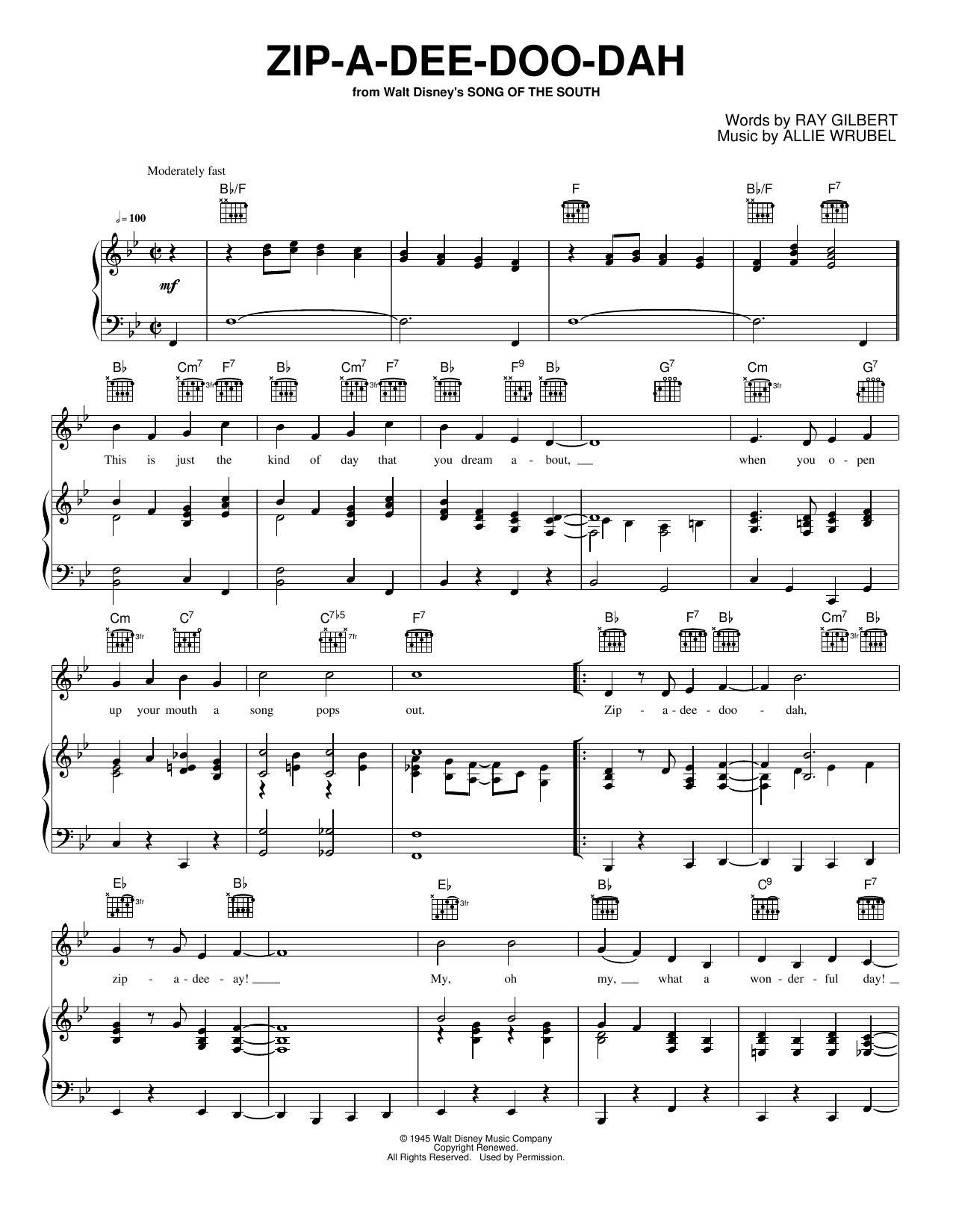 Zip-A-Dee-Doo-Dah: Piano/Vocal/Guitar Sheet
