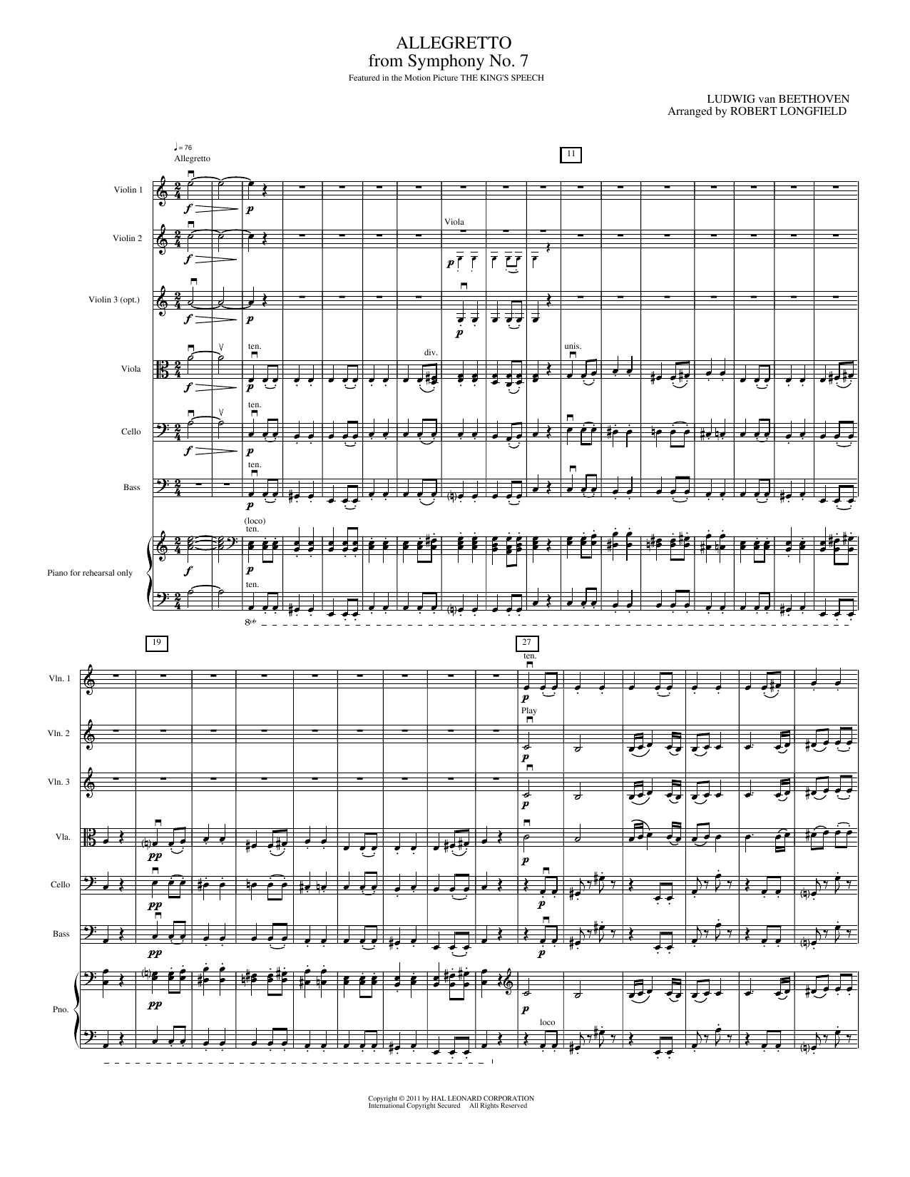 Allegretto from Symphony No. 7: String Orchestra Conductor Score & Parts