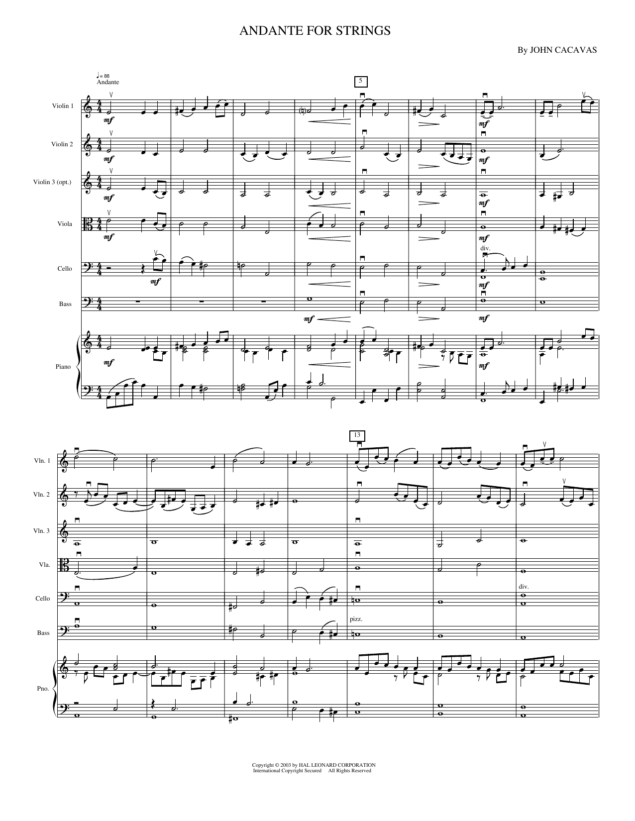 Andante for Strings: String Orchestra Conductor Score & Parts