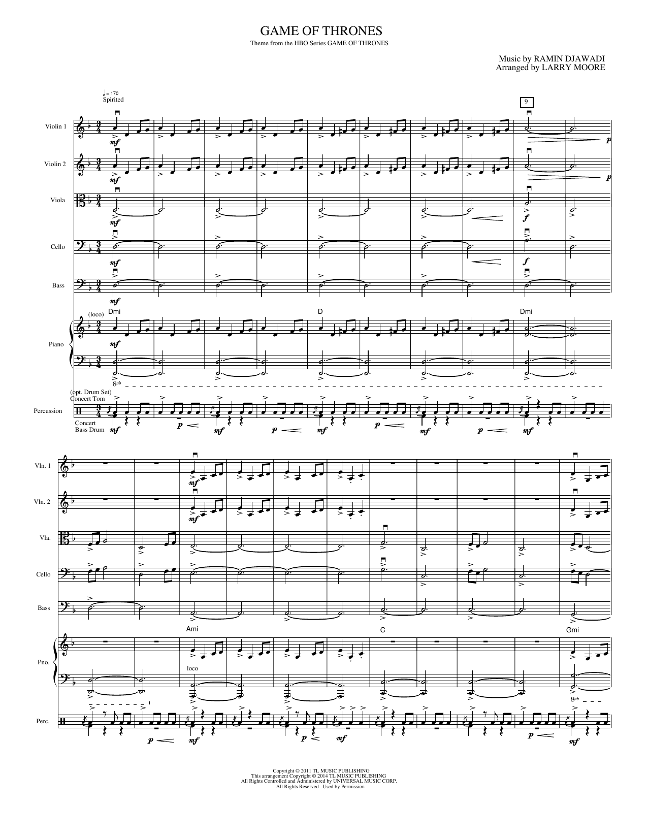 Game of Thrones (arr. Larry Moore): String Orchestra Conductor Score & Parts