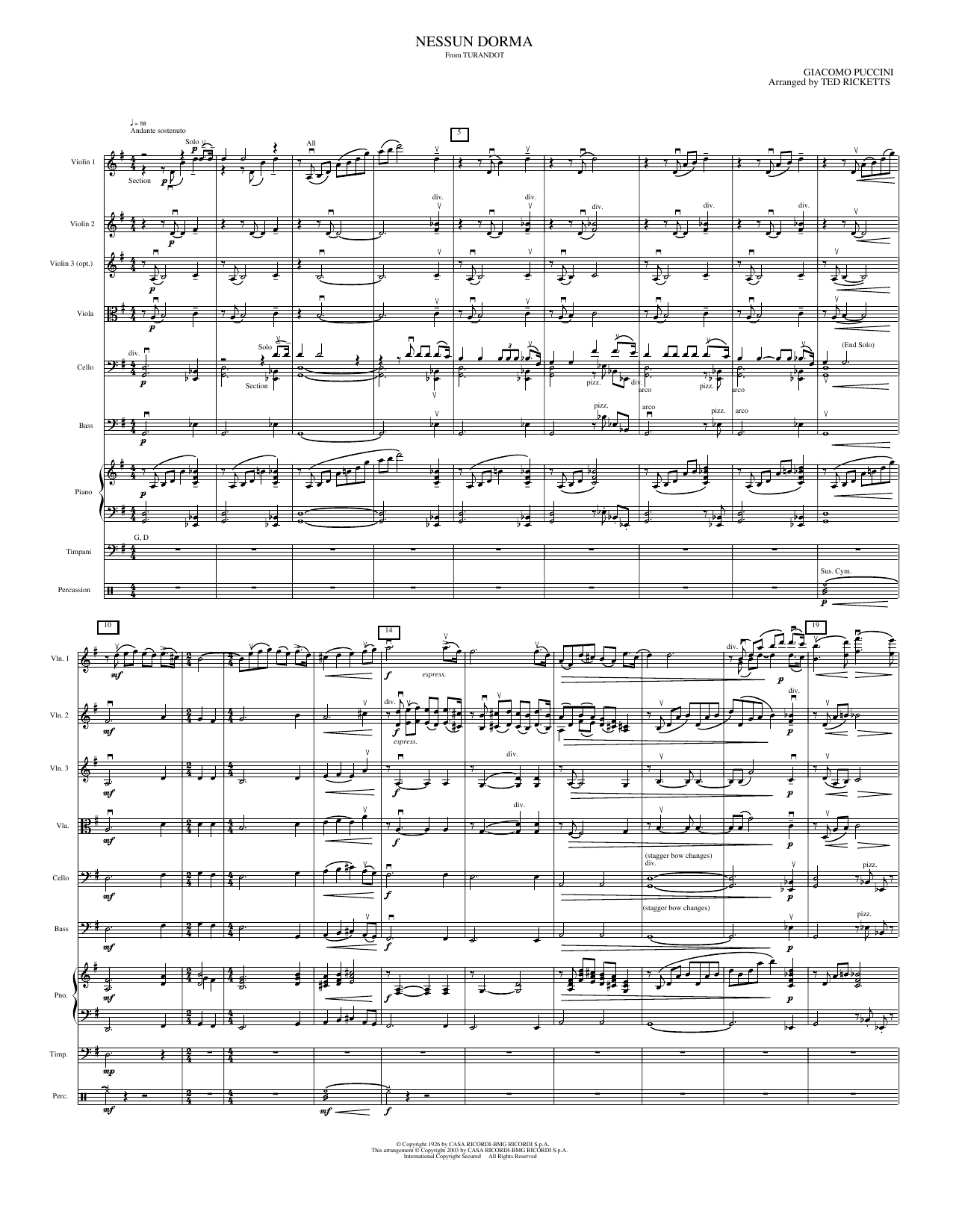 Nessun Dorma: String Orchestra Conductor Score & Parts