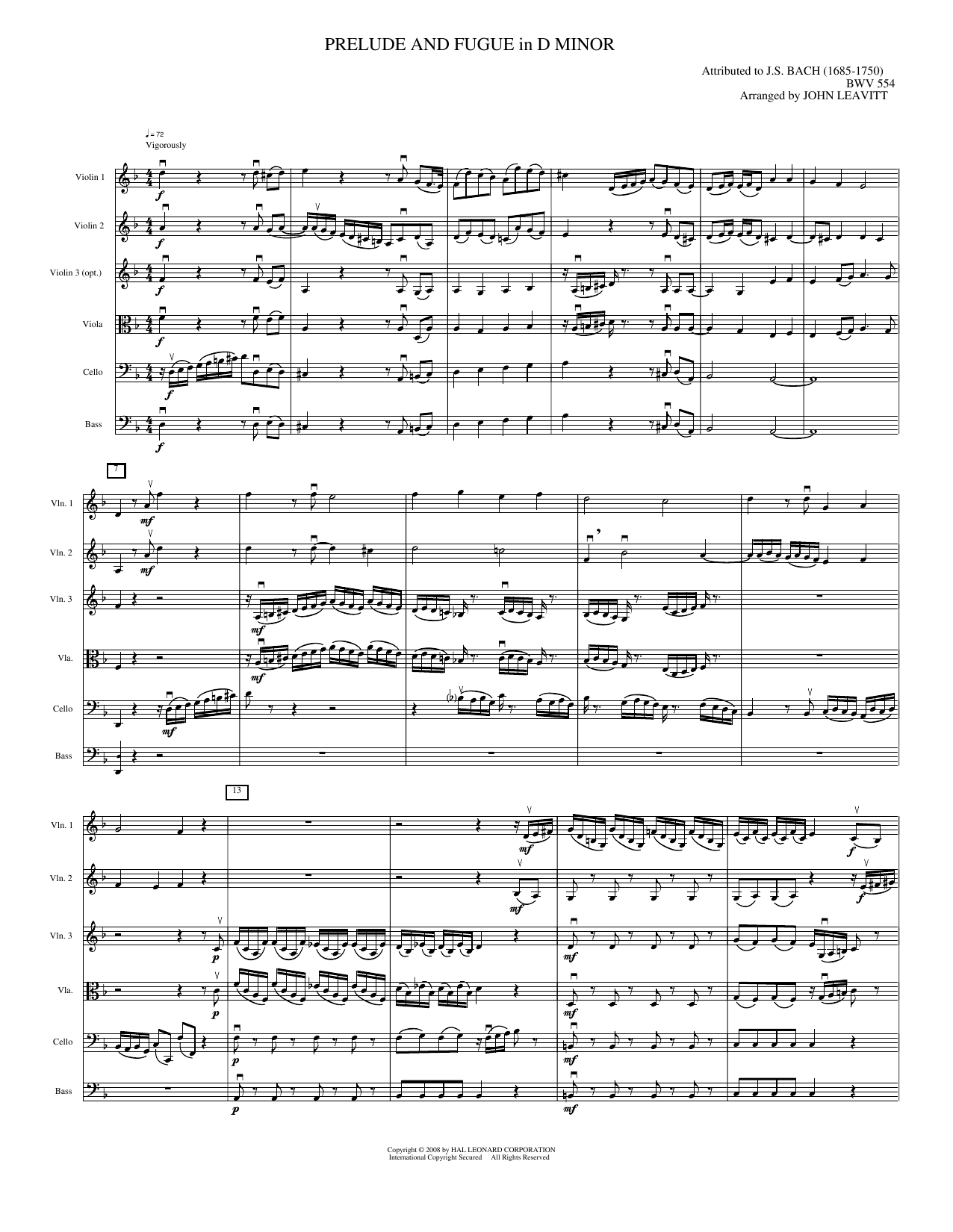 Prelude and Fugue in D Minor: String Orchestra Conductor Score & Parts