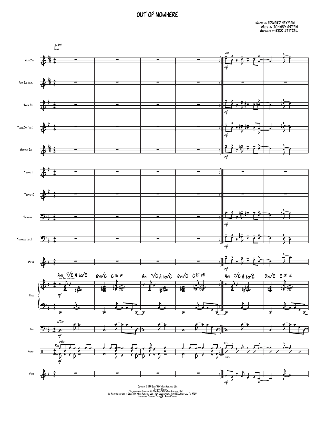 Out of Nowhere (Stitzel): Jazz Ensemble Conductor Score & Parts